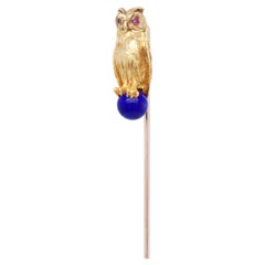 Antique French in oro 18 carati, lapis e rubino, gufo figurato