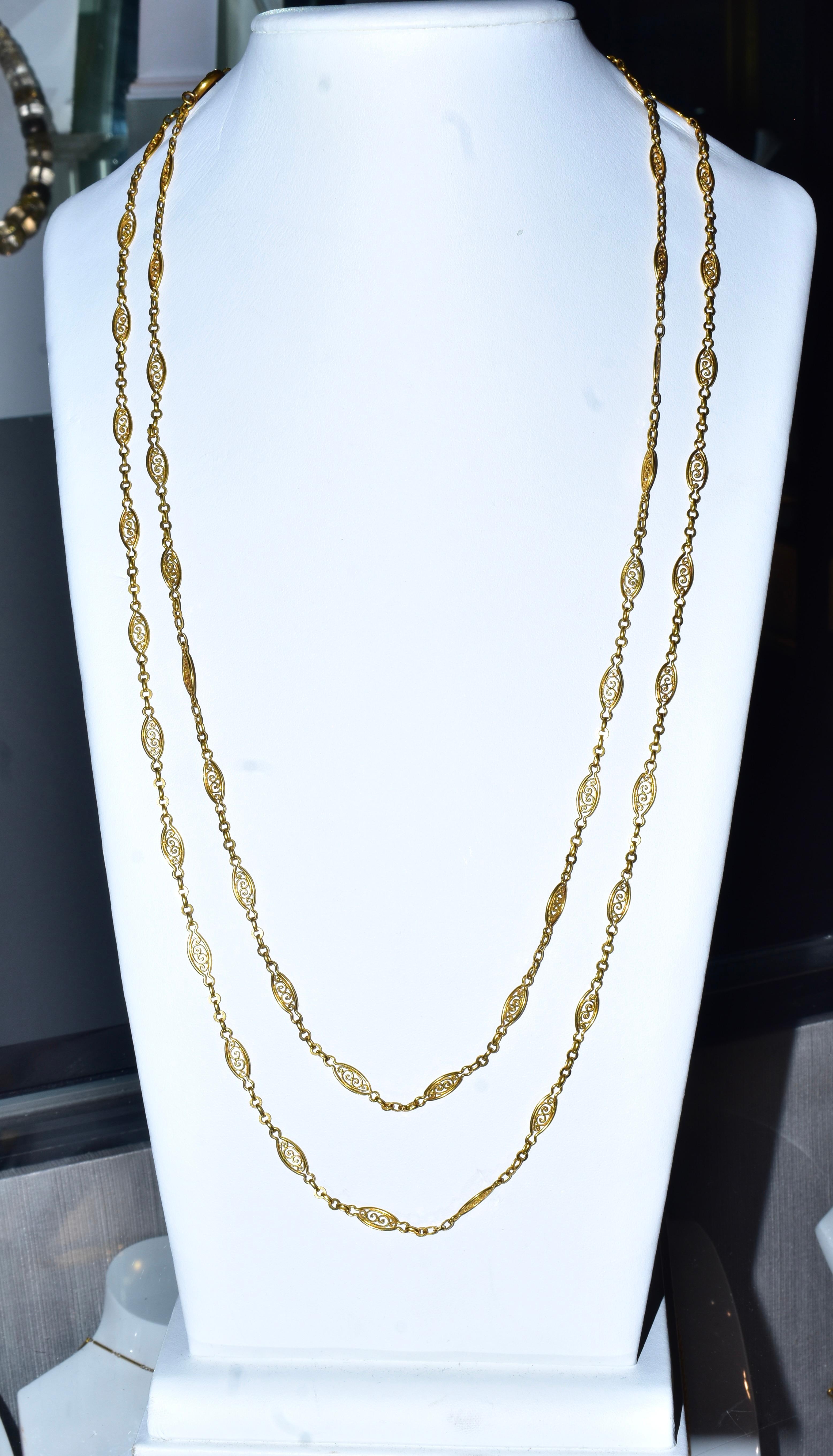 Belle Époque Antique French 18K Gold 59.5 Inch Long Intricate Link Chain, c. 1900