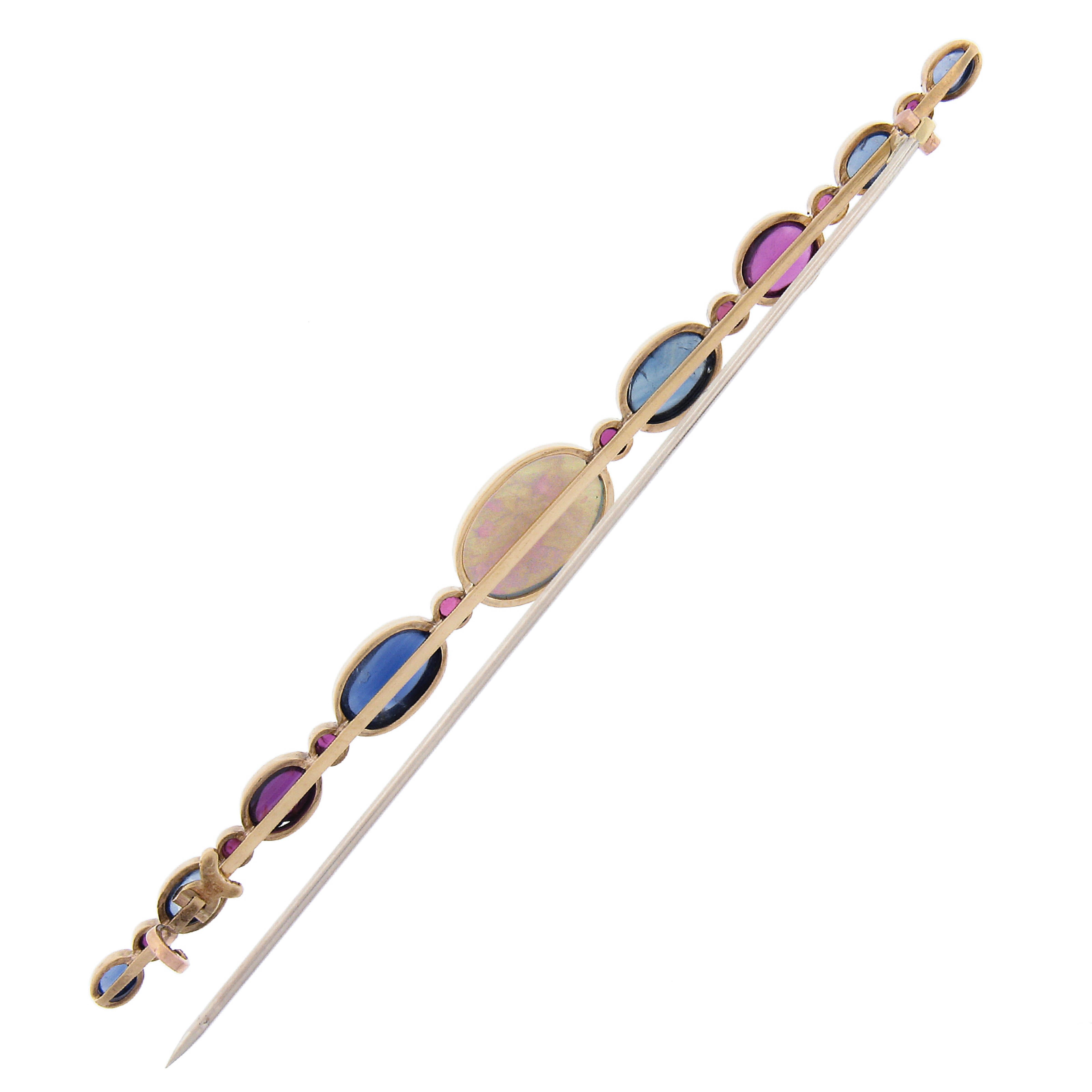 Cabochon Antique French 18k Gold Opal with GIA Ruby & Sapphire VERY Long Bar Pin Brooch For Sale