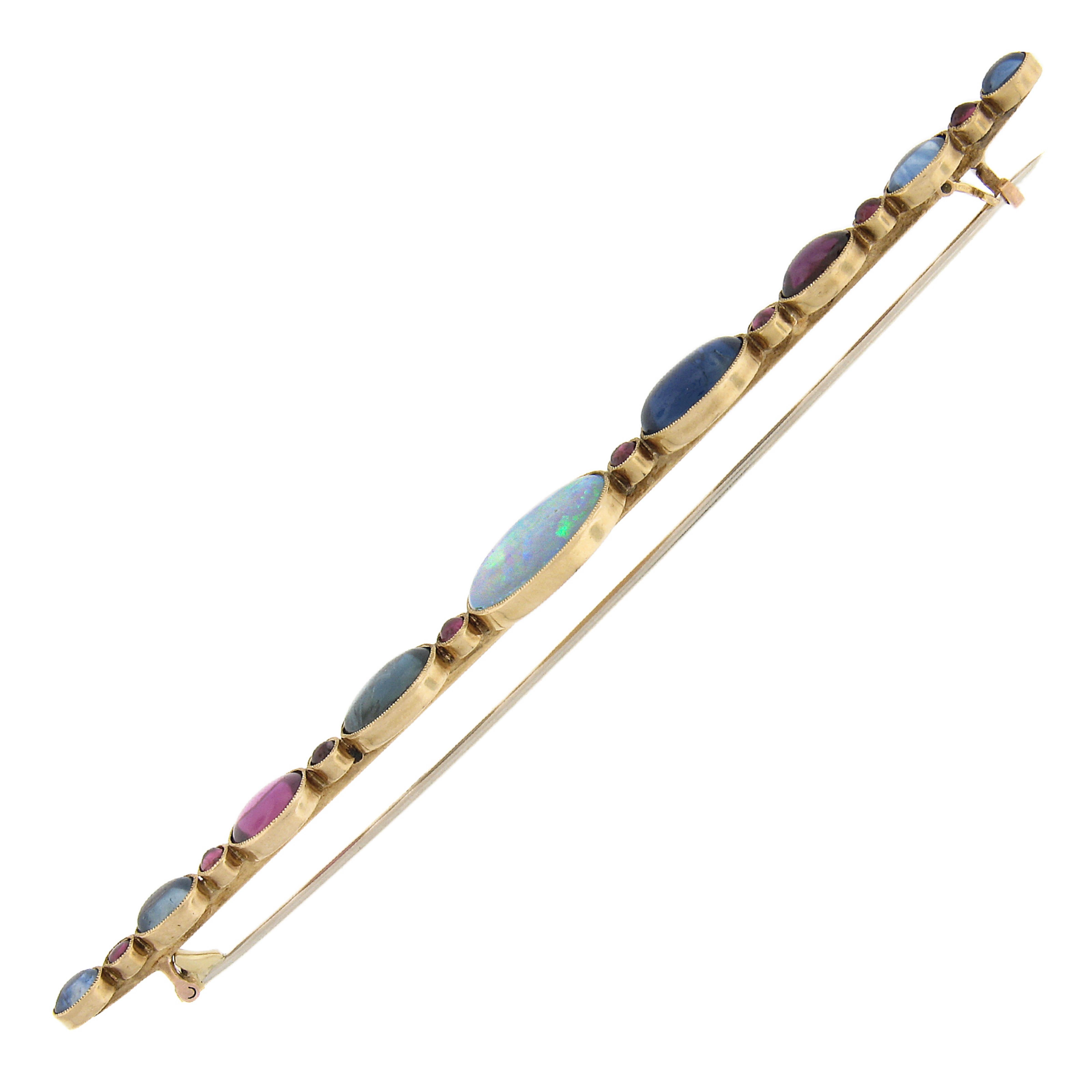 Antique French 18k Gold Opal with GIA Ruby & Sapphire VERY Long Bar Pin Brooch In Excellent Condition For Sale In Montclair, NJ
