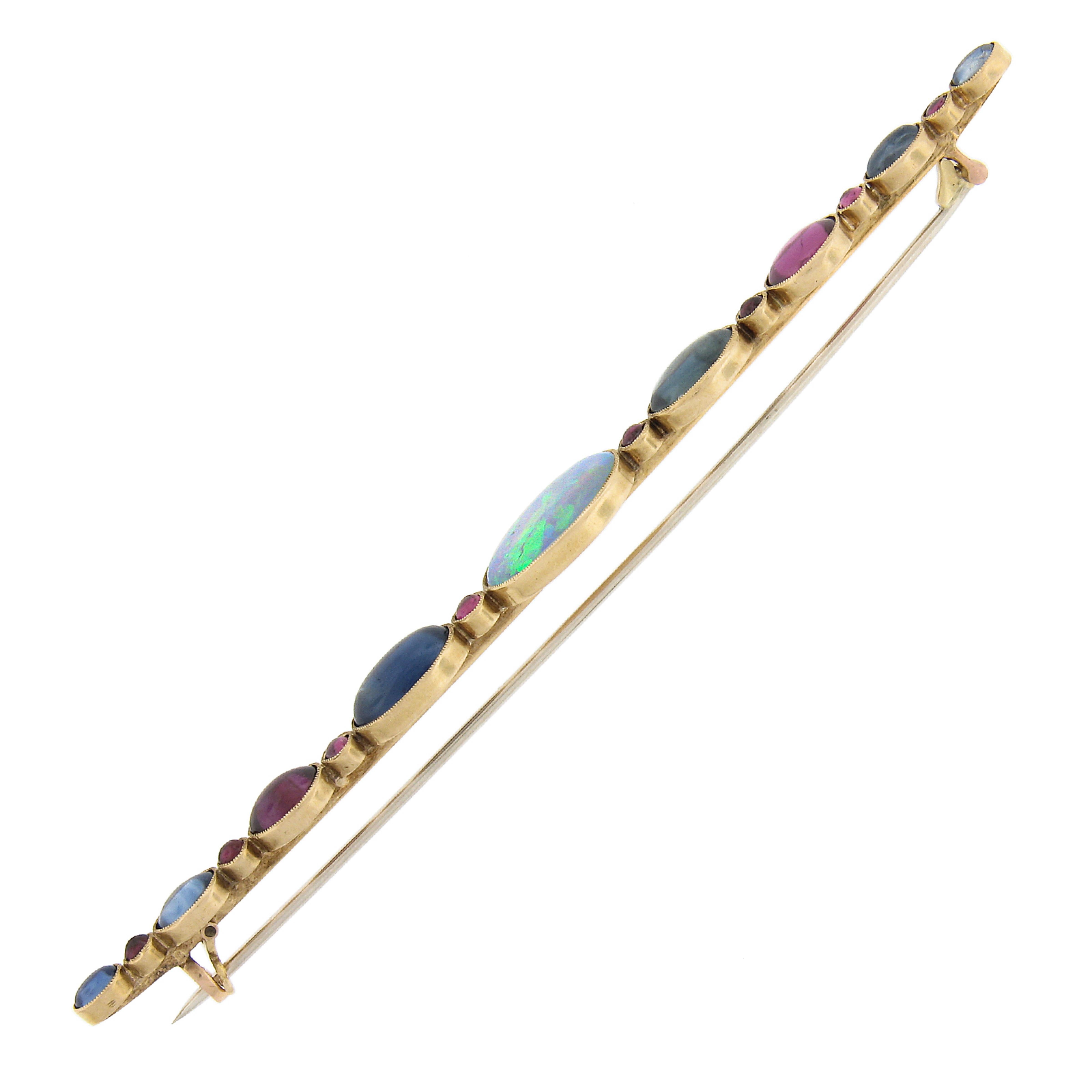 Women's Antique French 18k Gold Opal with GIA Ruby & Sapphire VERY Long Bar Pin Brooch For Sale