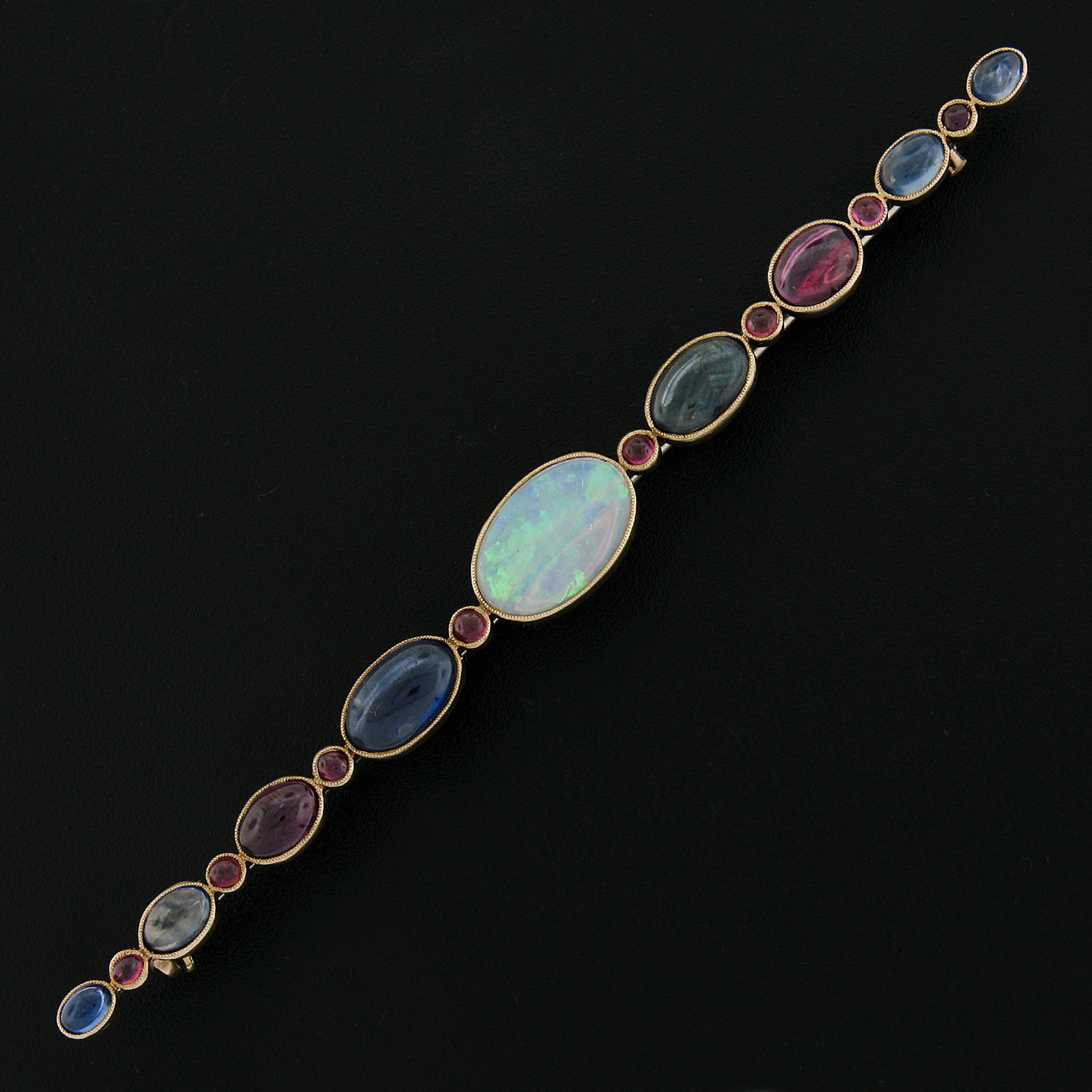 Antique French 18k Gold Opal with GIA Ruby & Sapphire VERY Long Bar Pin Brooch For Sale 1