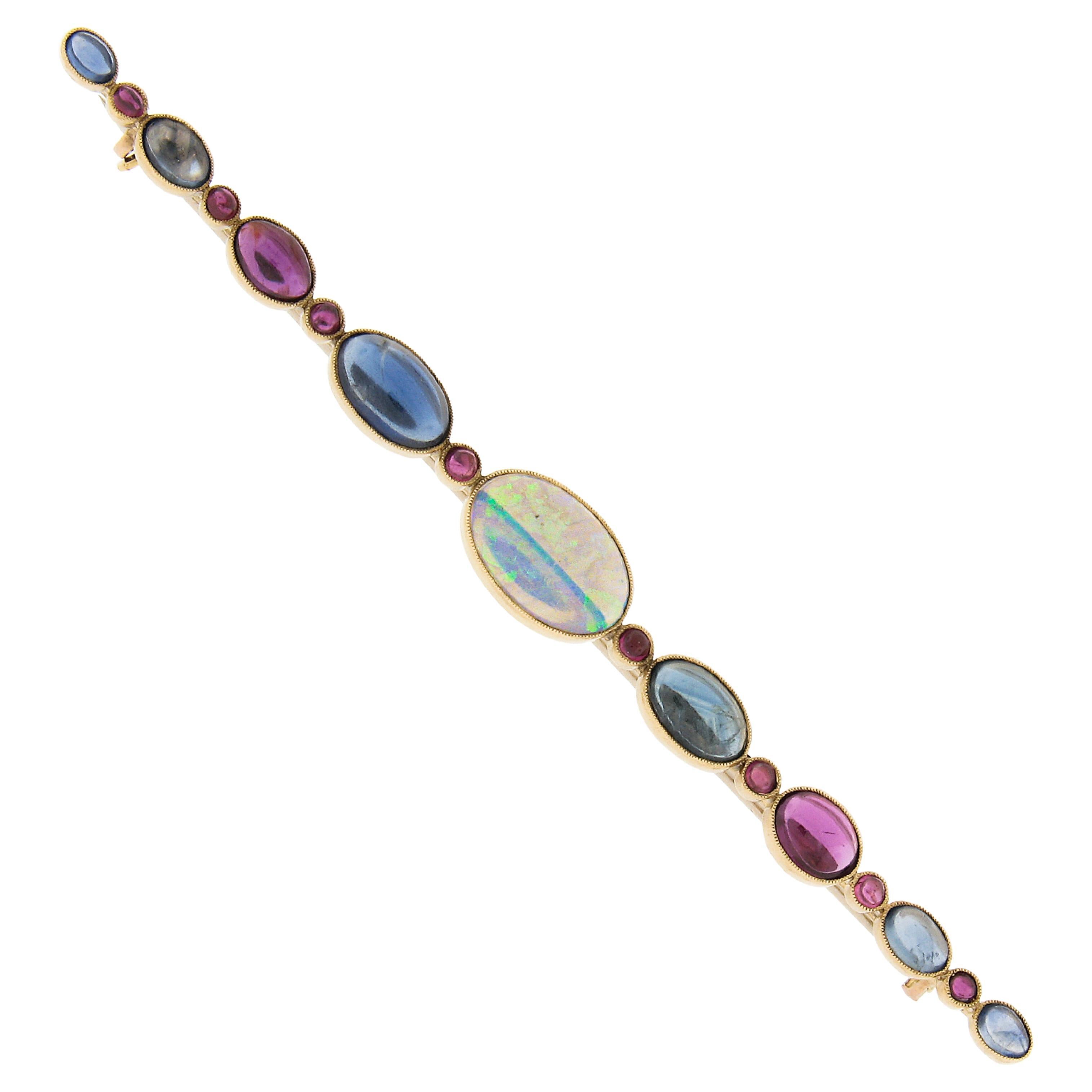 Antique French 18k Gold Opal with GIA Ruby & Sapphire VERY Long Bar Pin Brooch For Sale