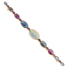 Antique French 18k Gold Opal with GIA Ruby & Sapphire VERY Long Bar Pin Brooch
