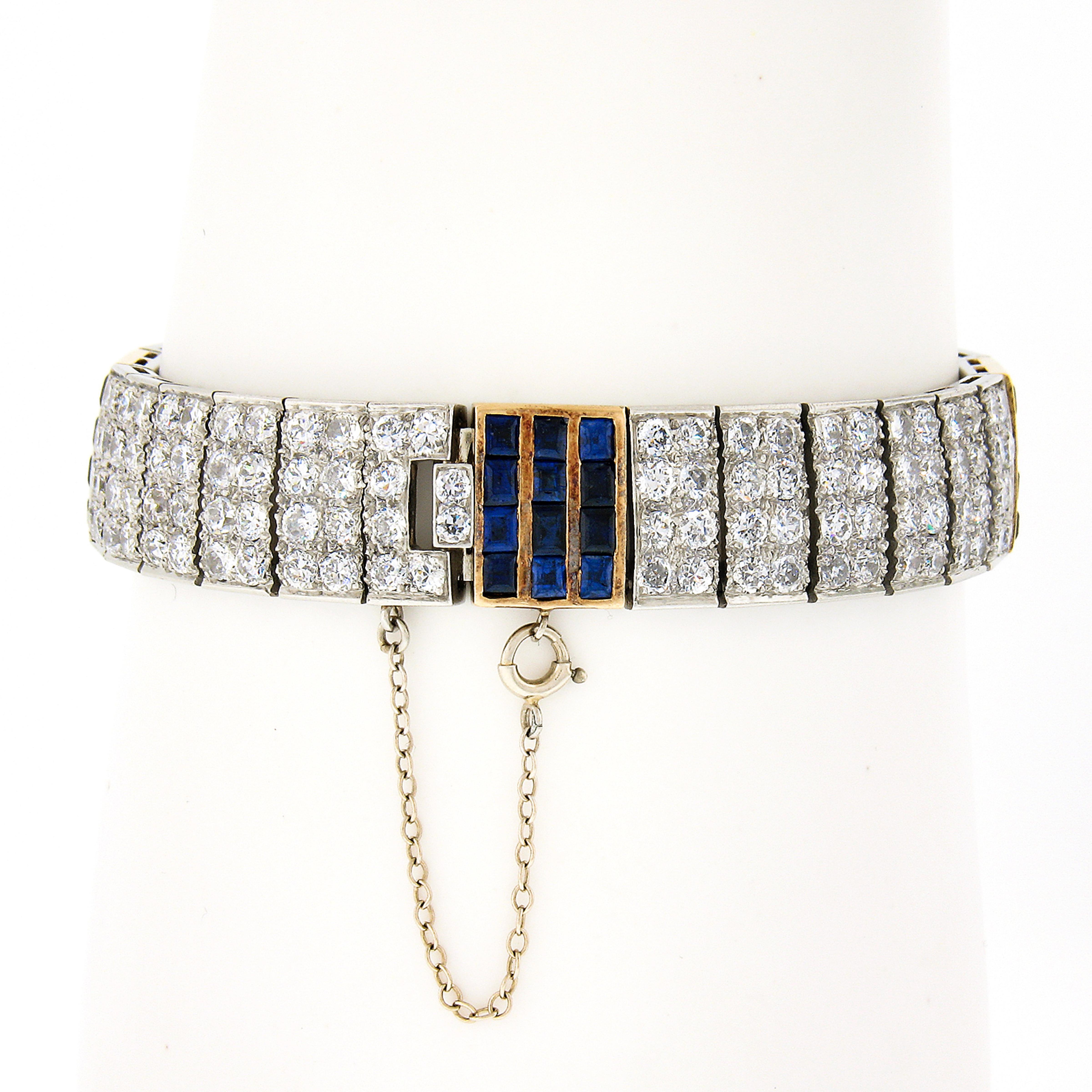 Art Deco Antique French 18K Gold Plat 17.85ctw Diamond & Sapphire Wide Statement Bracelet For Sale