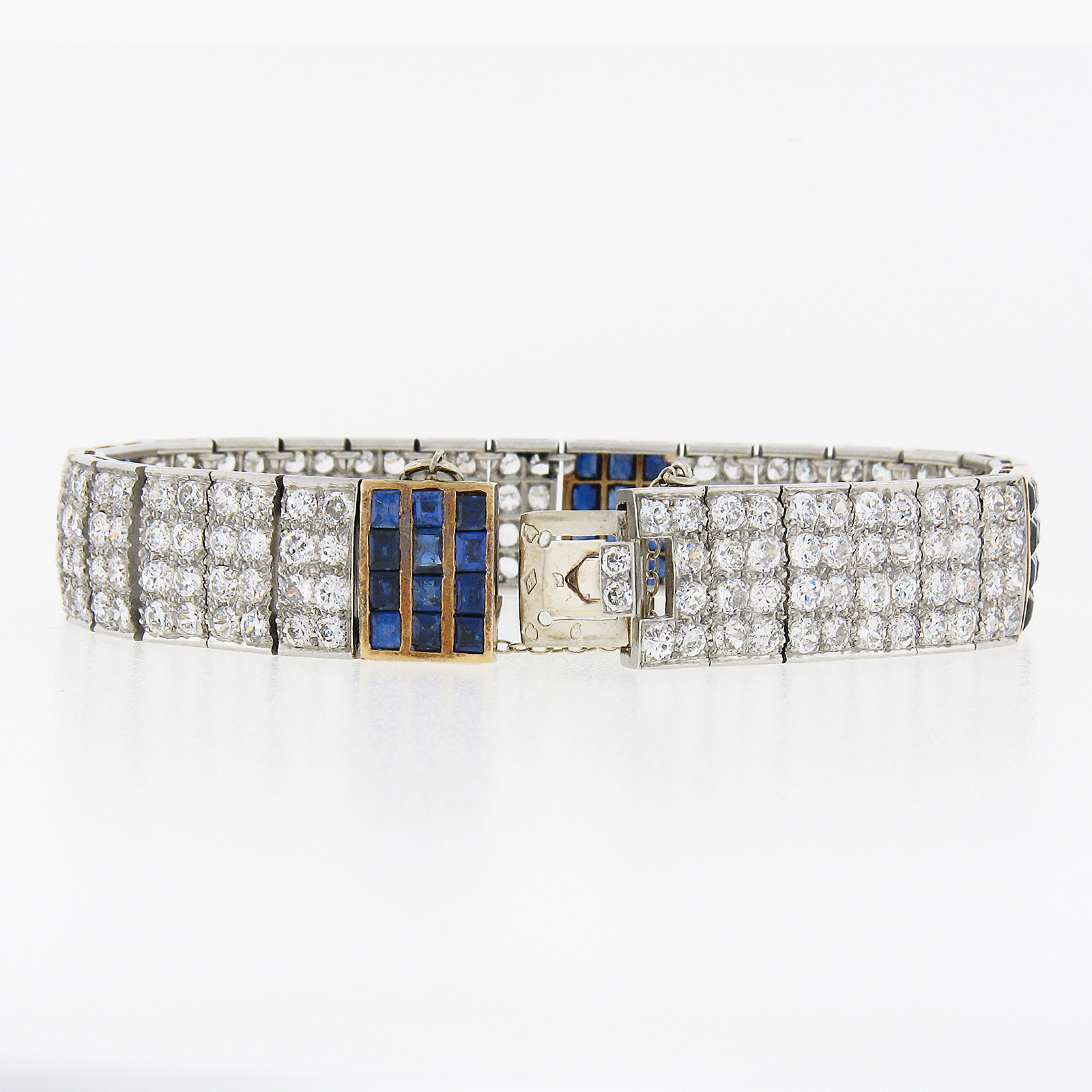 Old European Cut Antique French 18K Gold Plat 17.85ctw Diamond & Sapphire Wide Statement Bracelet For Sale