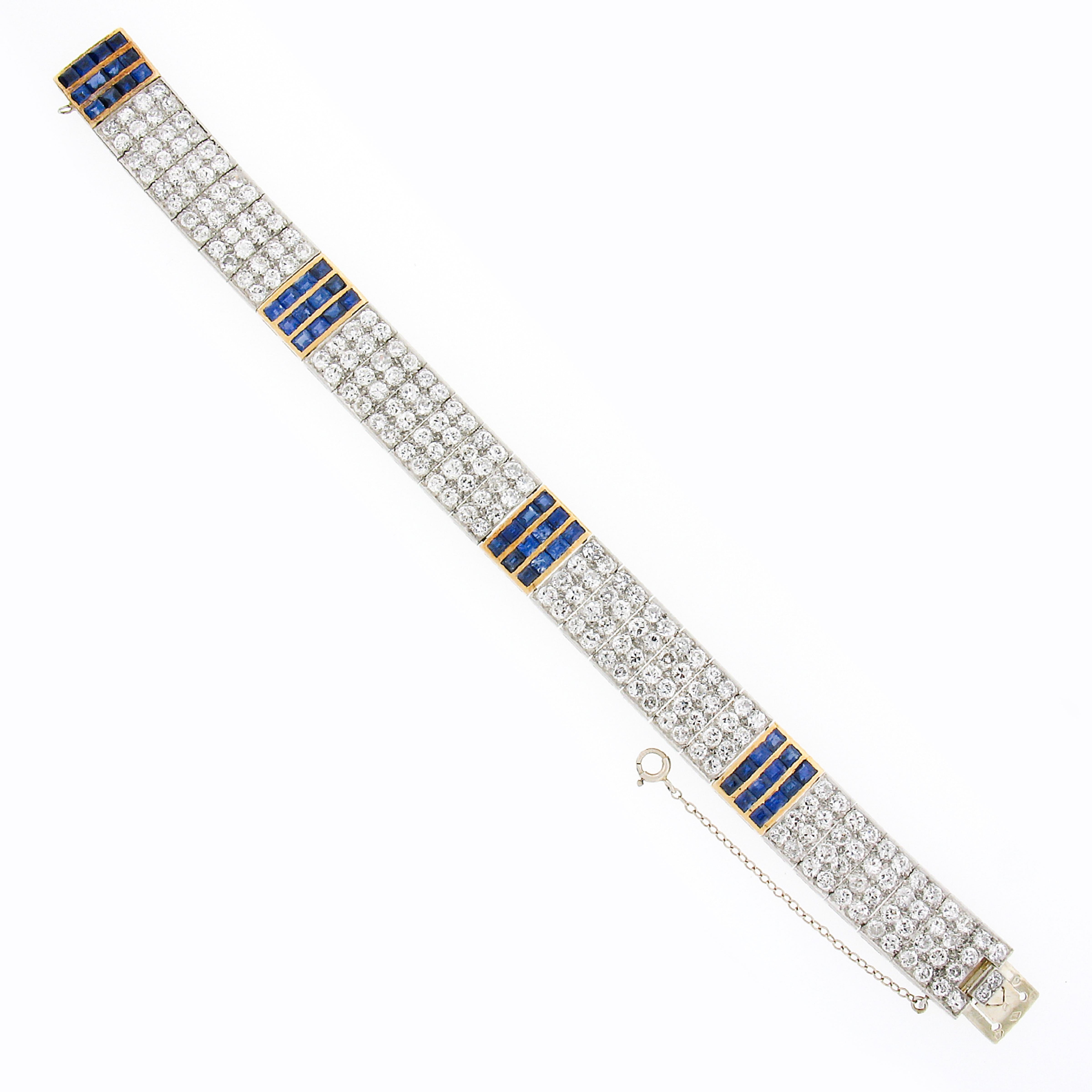 Antique French 18K Gold Plat 17.85ctw Diamond & Sapphire Wide Statement Bracelet In Good Condition For Sale In Montclair, NJ