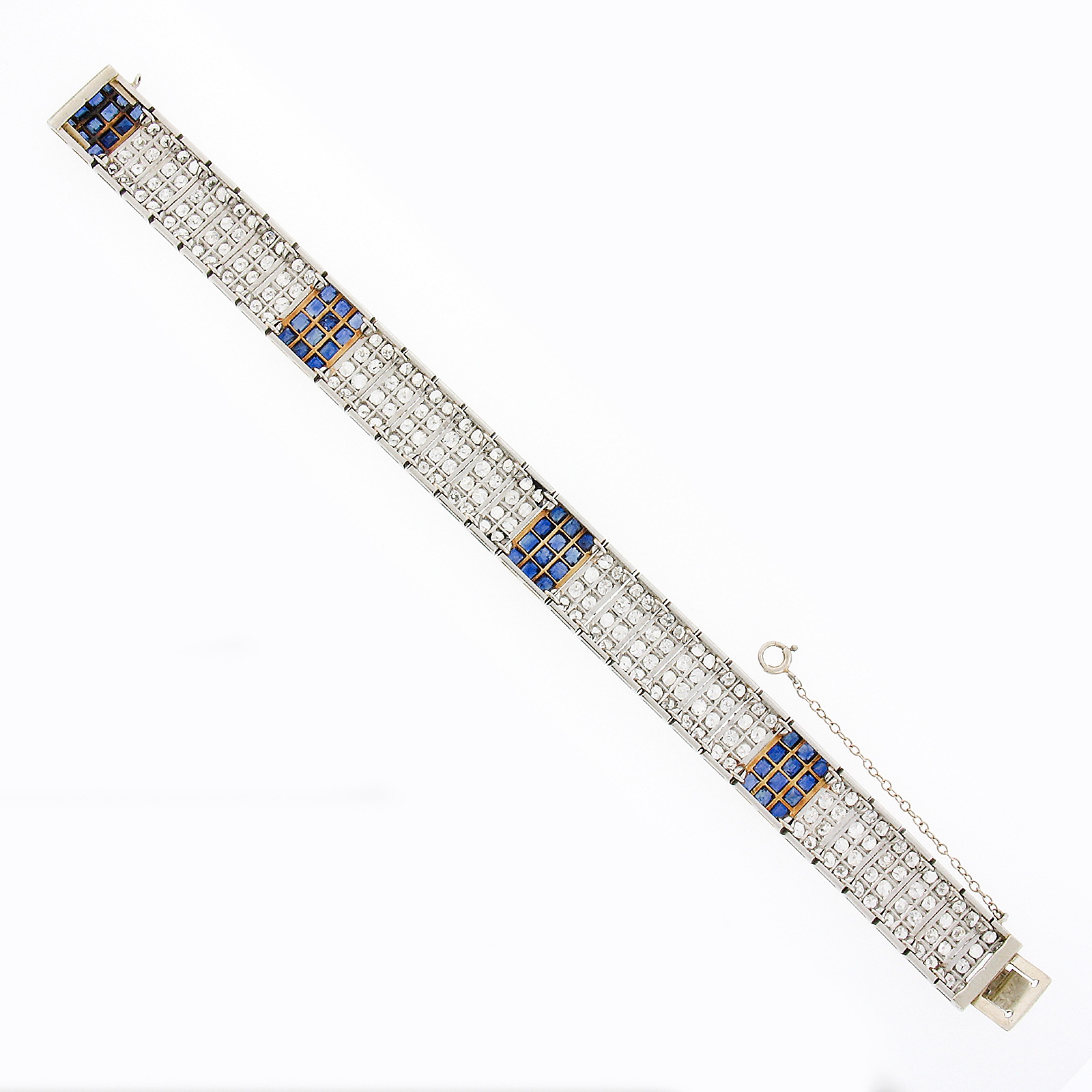 Women's Antique French 18K Gold Plat 17.85ctw Diamond & Sapphire Wide Statement Bracelet For Sale