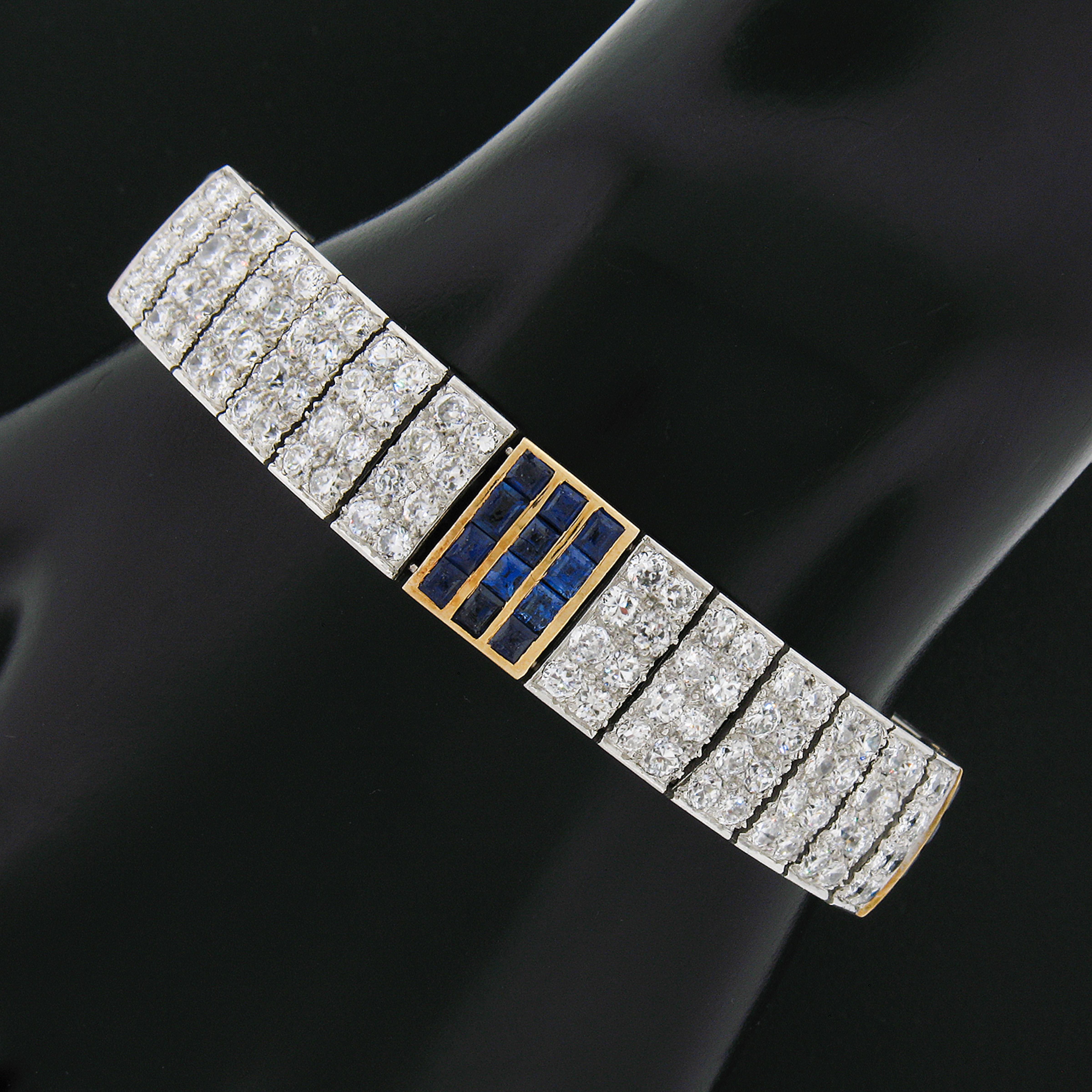 Antique French 18K Gold Plat 17.85ctw Diamond & Sapphire Wide Statement Bracelet For Sale 3