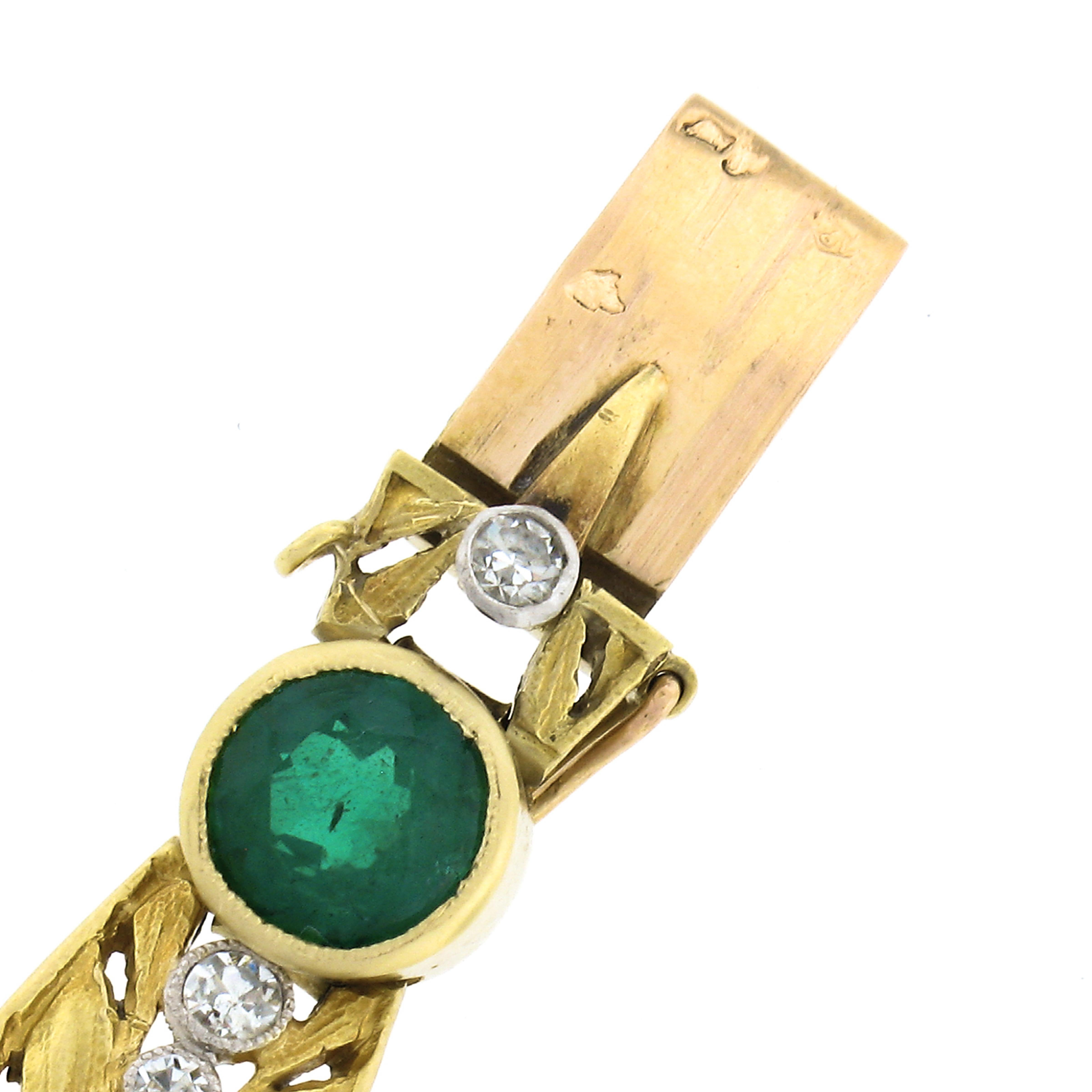 Antique French 18k Gold Plat, GIA Pearl Sapphire Emerald Engraved Link Bracelet For Sale 2