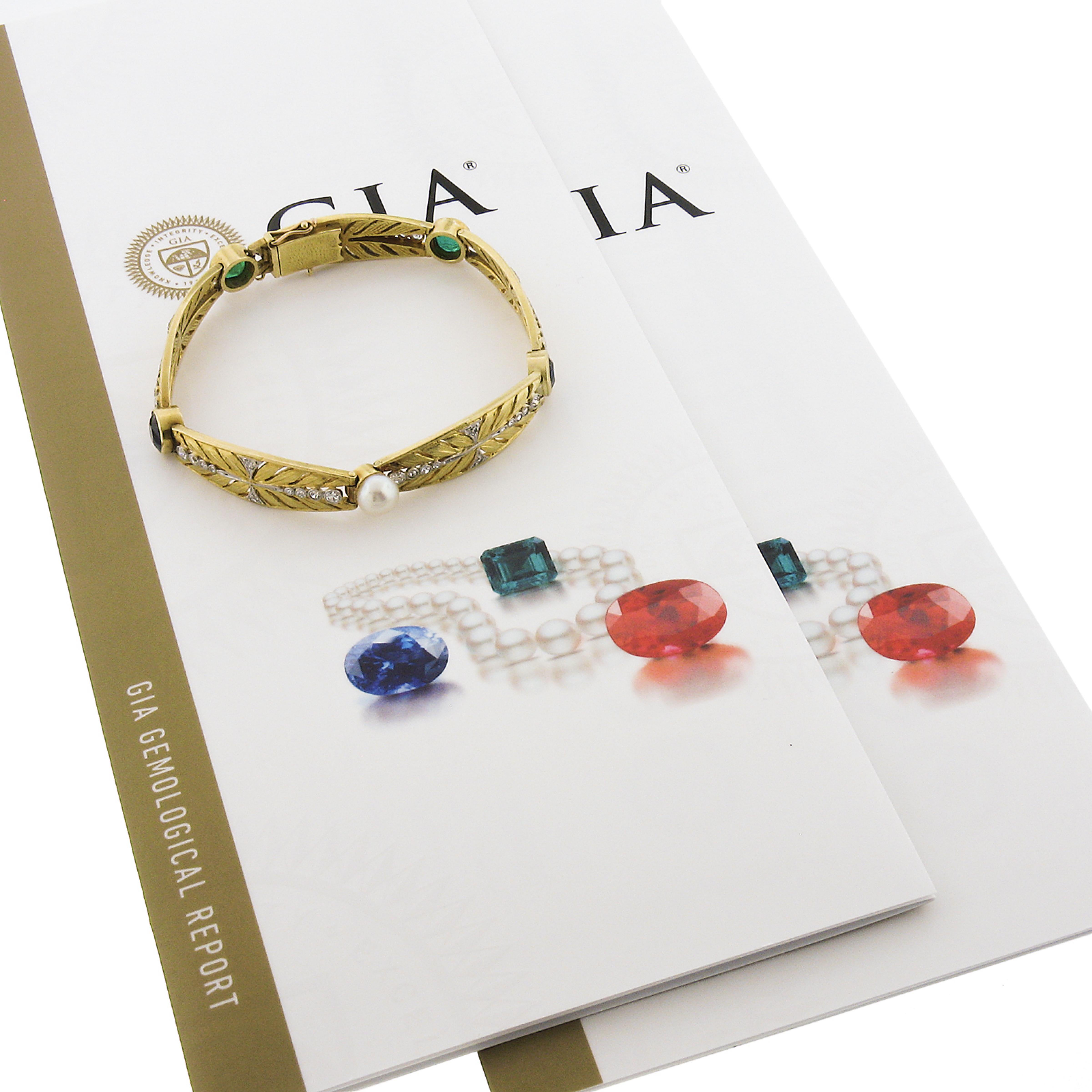 Bracelet français ancien à maillons gravés en or 18 carats, perles, saphirs et émeraudes certifiées GIA en vente 5