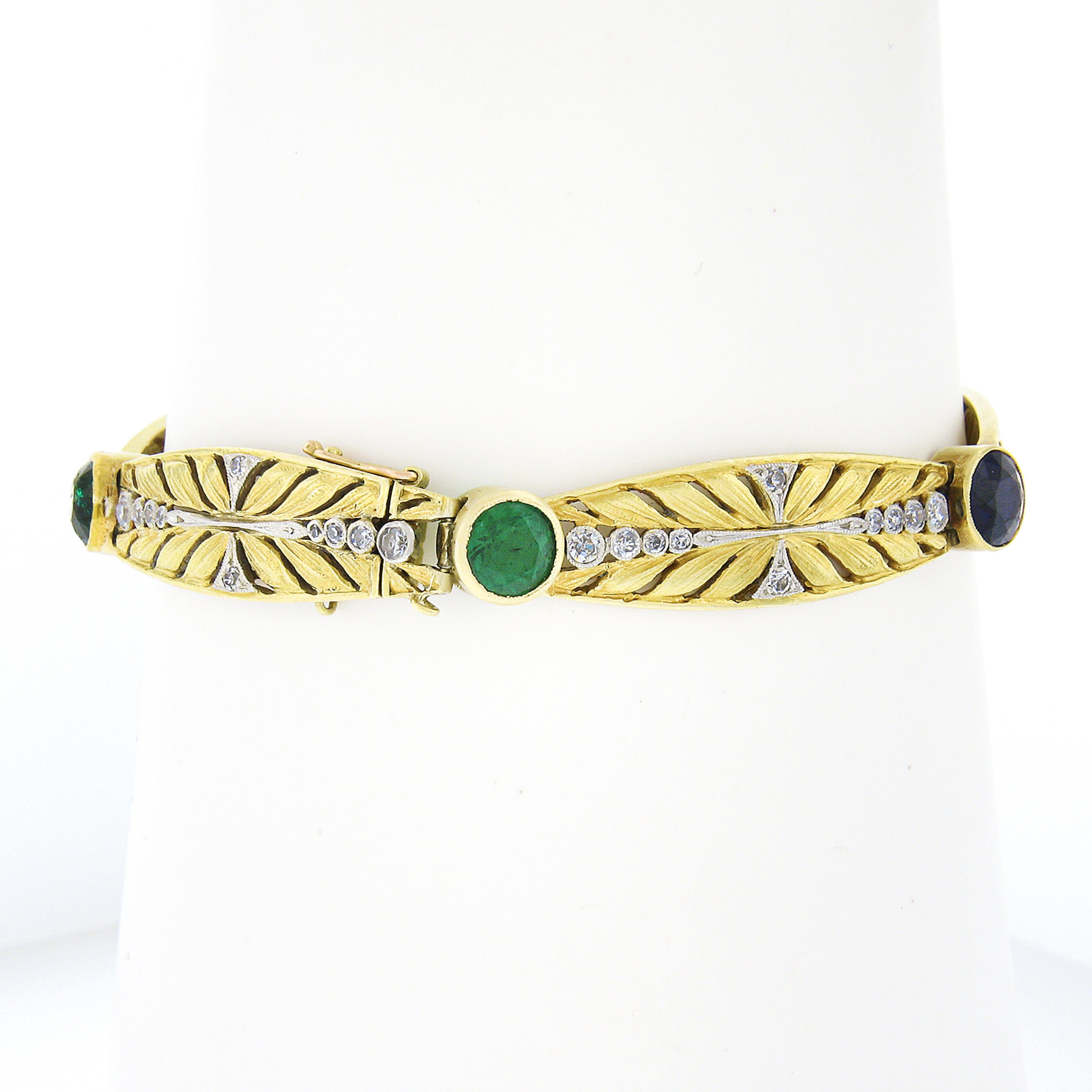 Antikes französisches 18 Karat Gold Platin, GIA Perle Saphir Smaragd graviertes Gliederarmband (Edwardian) im Angebot