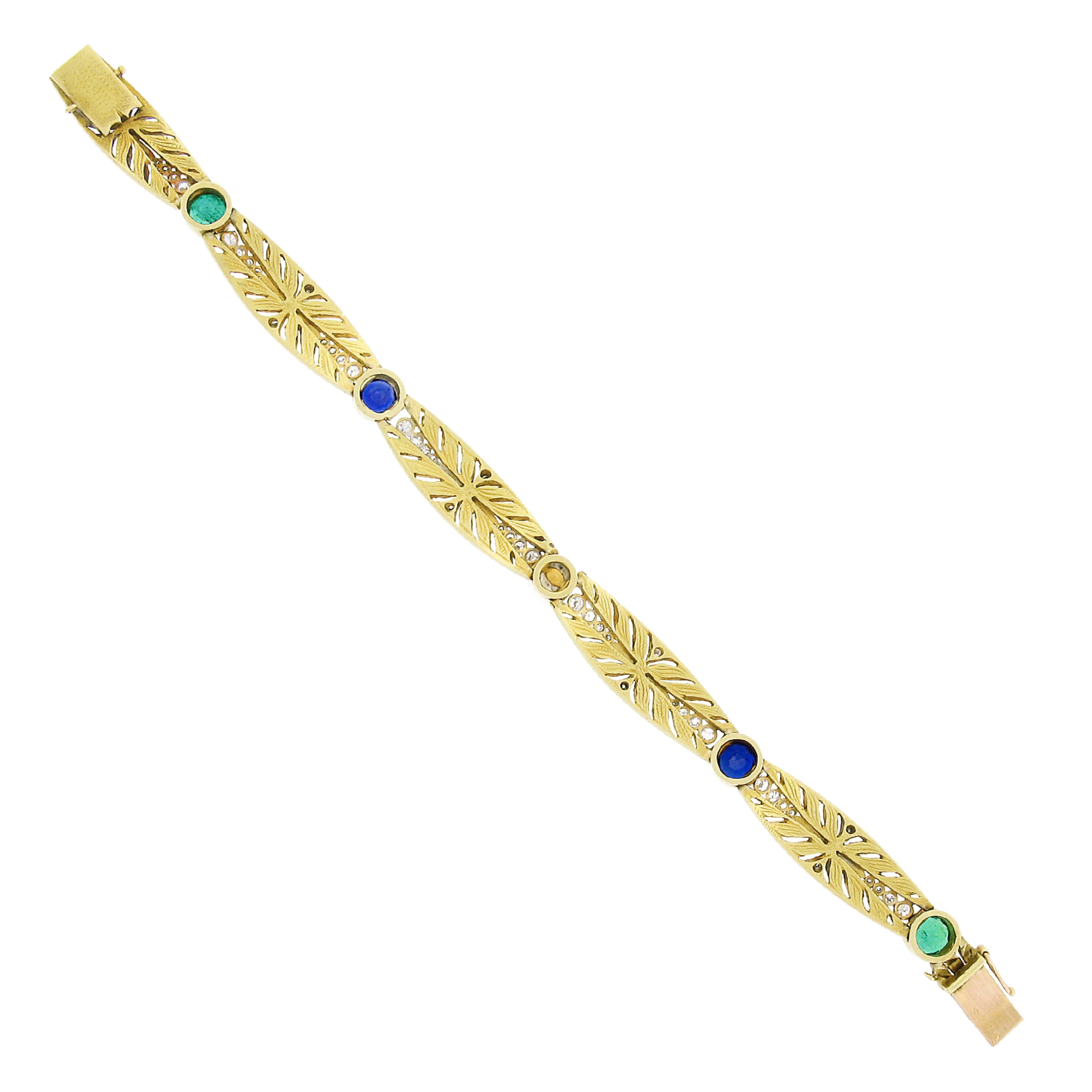 Women's Antique French 18k Gold Plat, GIA Pearl Sapphire Emerald Engraved Link Bracelet For Sale