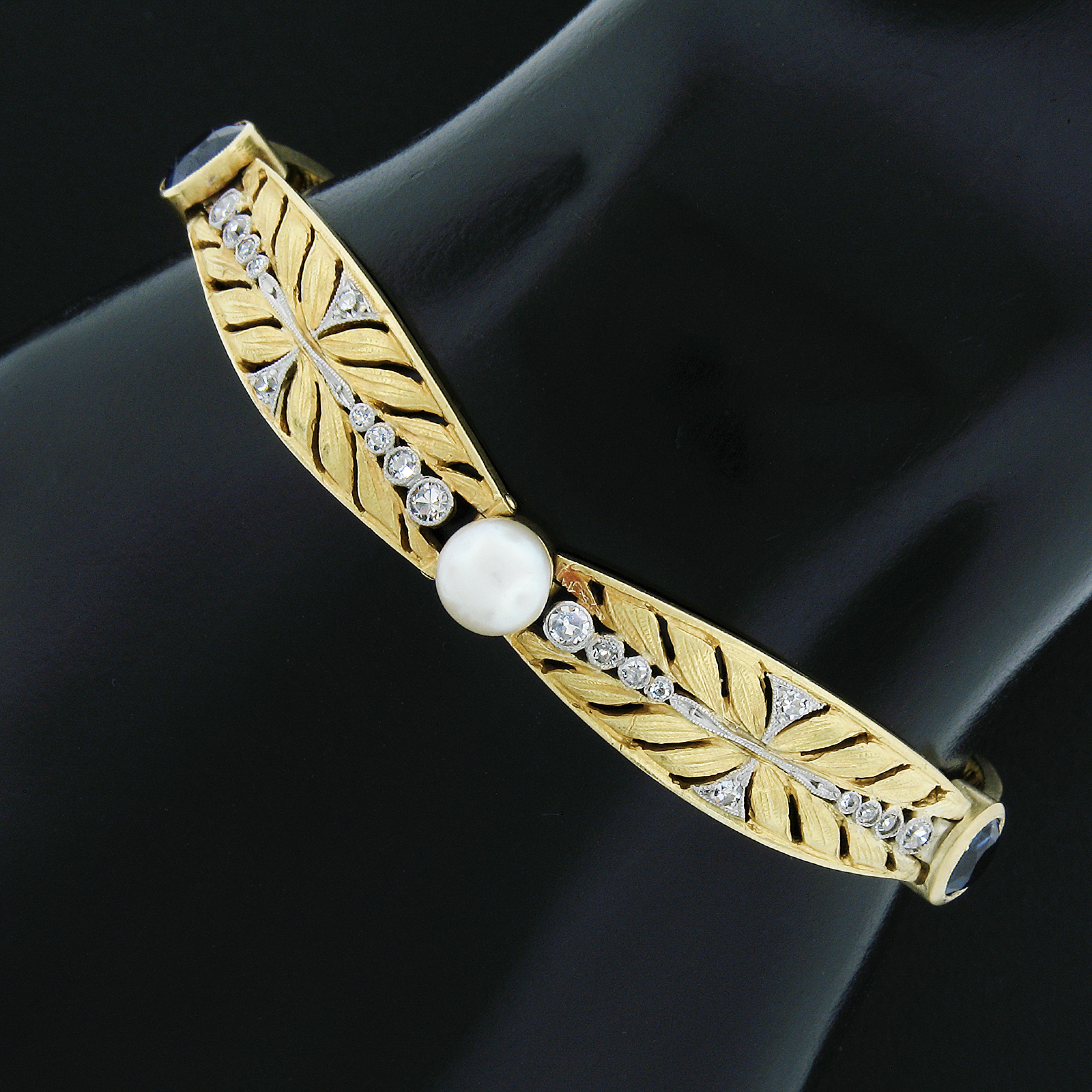 Antikes französisches 18 Karat Gold Platin, GIA Perle Saphir Smaragd graviertes Gliederarmband im Angebot 3