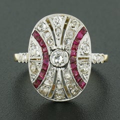 Antique French 18k Gold Platinum 1.5ct Diamond Ruby Milgrain Open Work Oval Ring