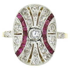 Antique French 18k Gold Platinum 1.5ct Diamond Ruby Milgrain Open Work Oval Ring Antique French 18k Gold Platinum 1.5ct Diamond Ruby Milgrain Open Work Oval Ring