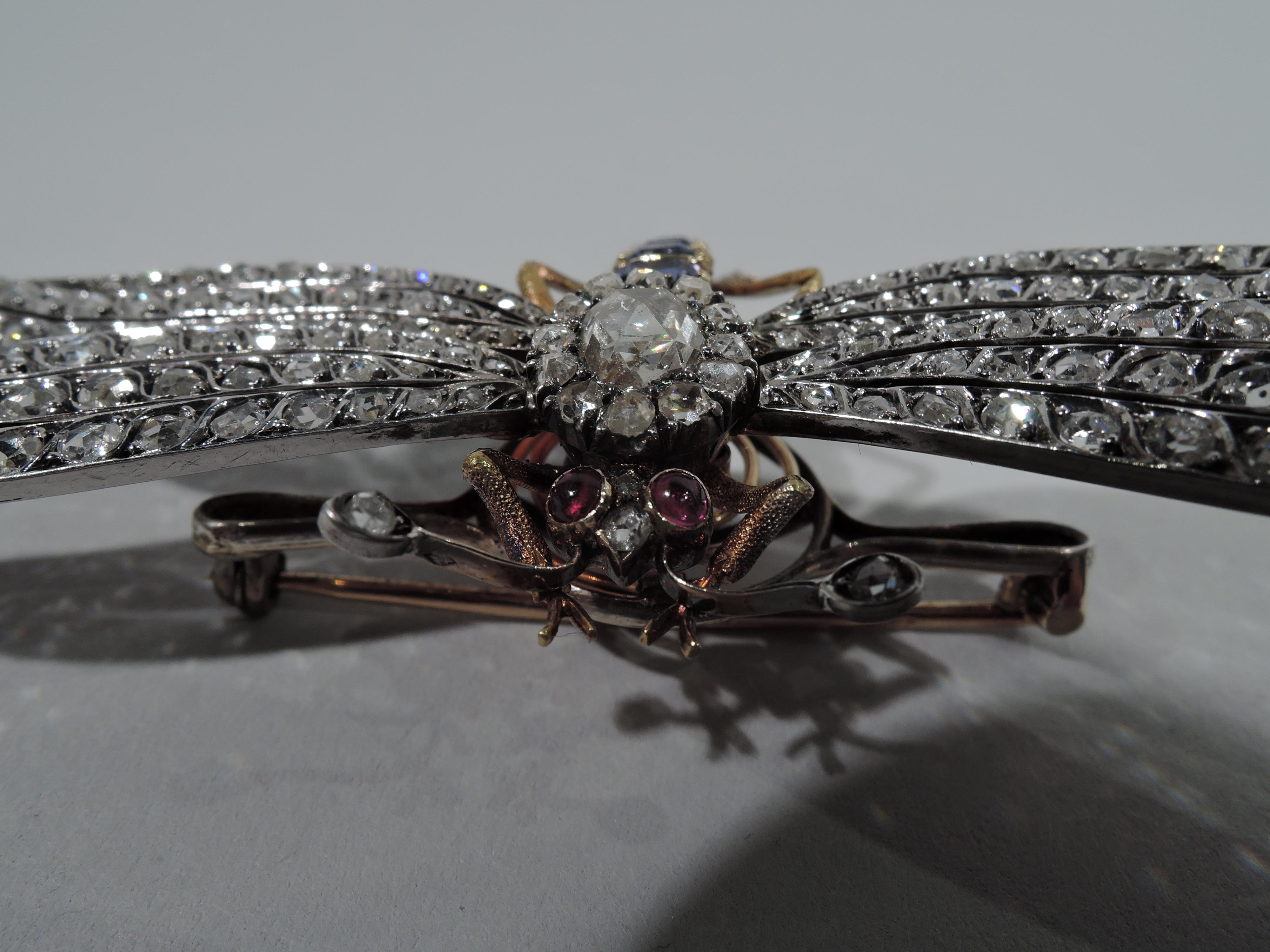 Art Nouveau Antique French 18 Karat Gold Platinum and Gemstone Tremblant Dragonfly Brooch
