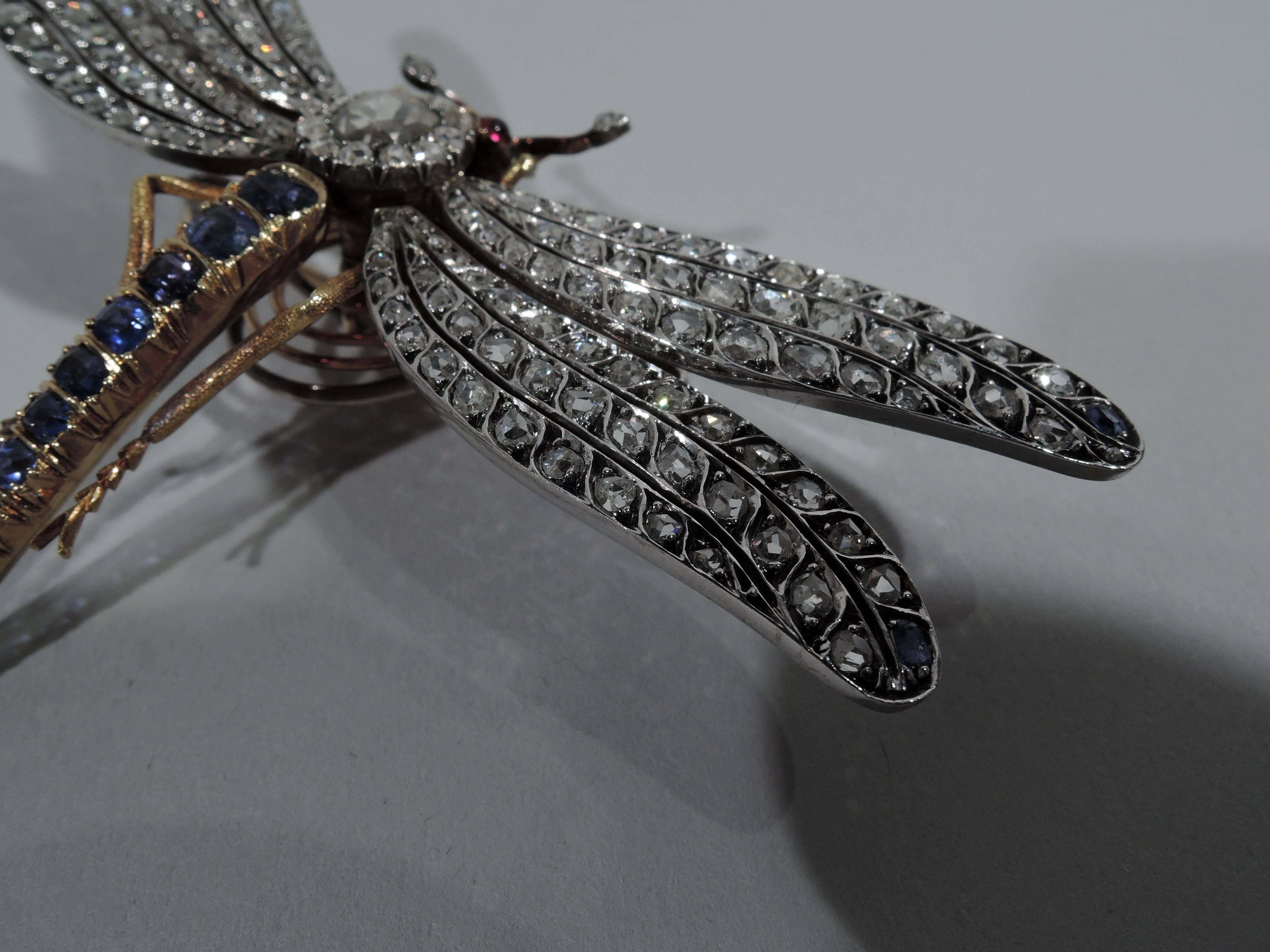 Antique French 18 Karat Gold Platinum and Gemstone Tremblant Dragonfly Brooch In Excellent Condition In New York, NY