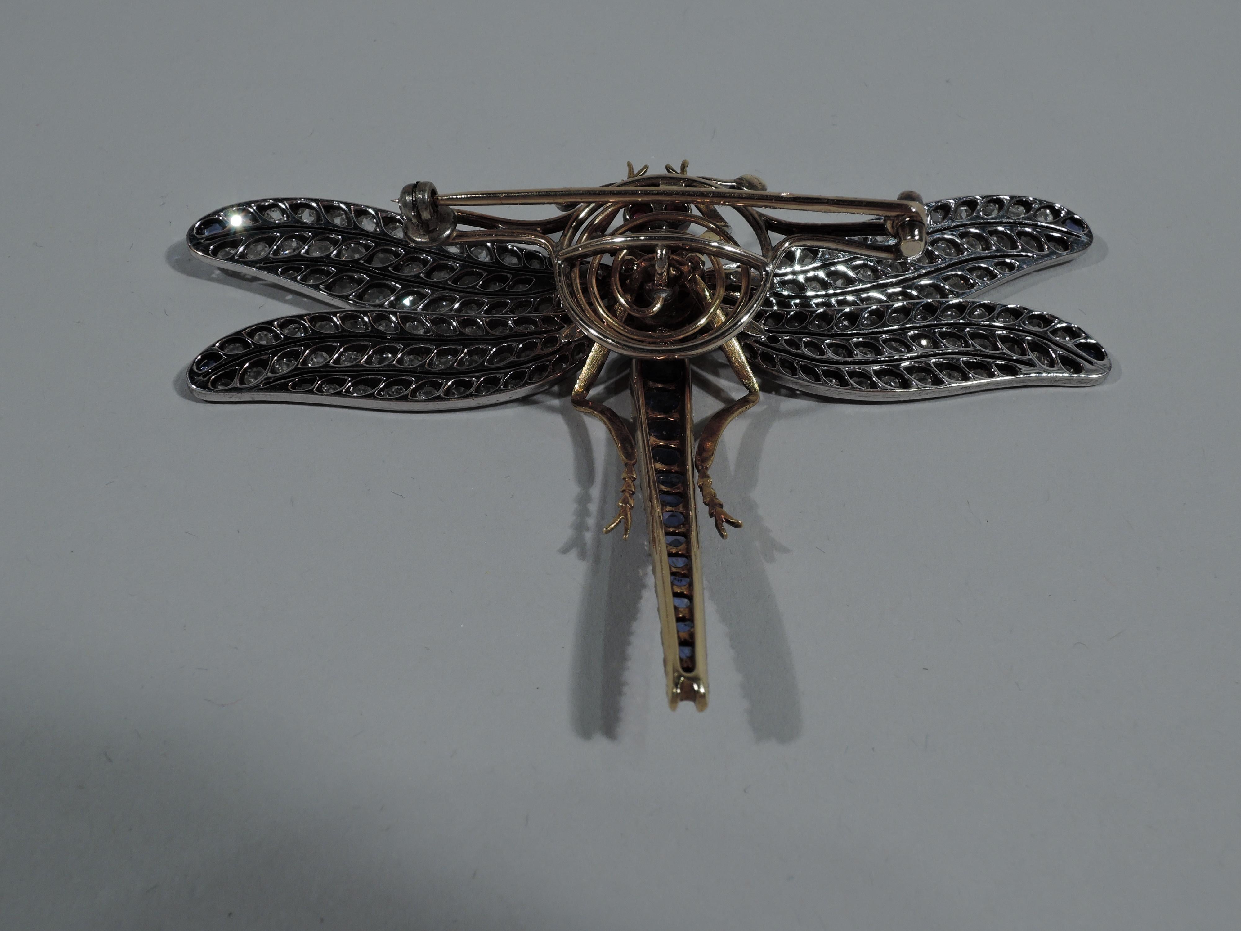 Women's Antique French 18 Karat Gold Platinum and Gemstone Tremblant Dragonfly Brooch