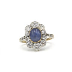 Antique French 18K Gold Sapphire and Old-Cut Diamond Cluster Ring