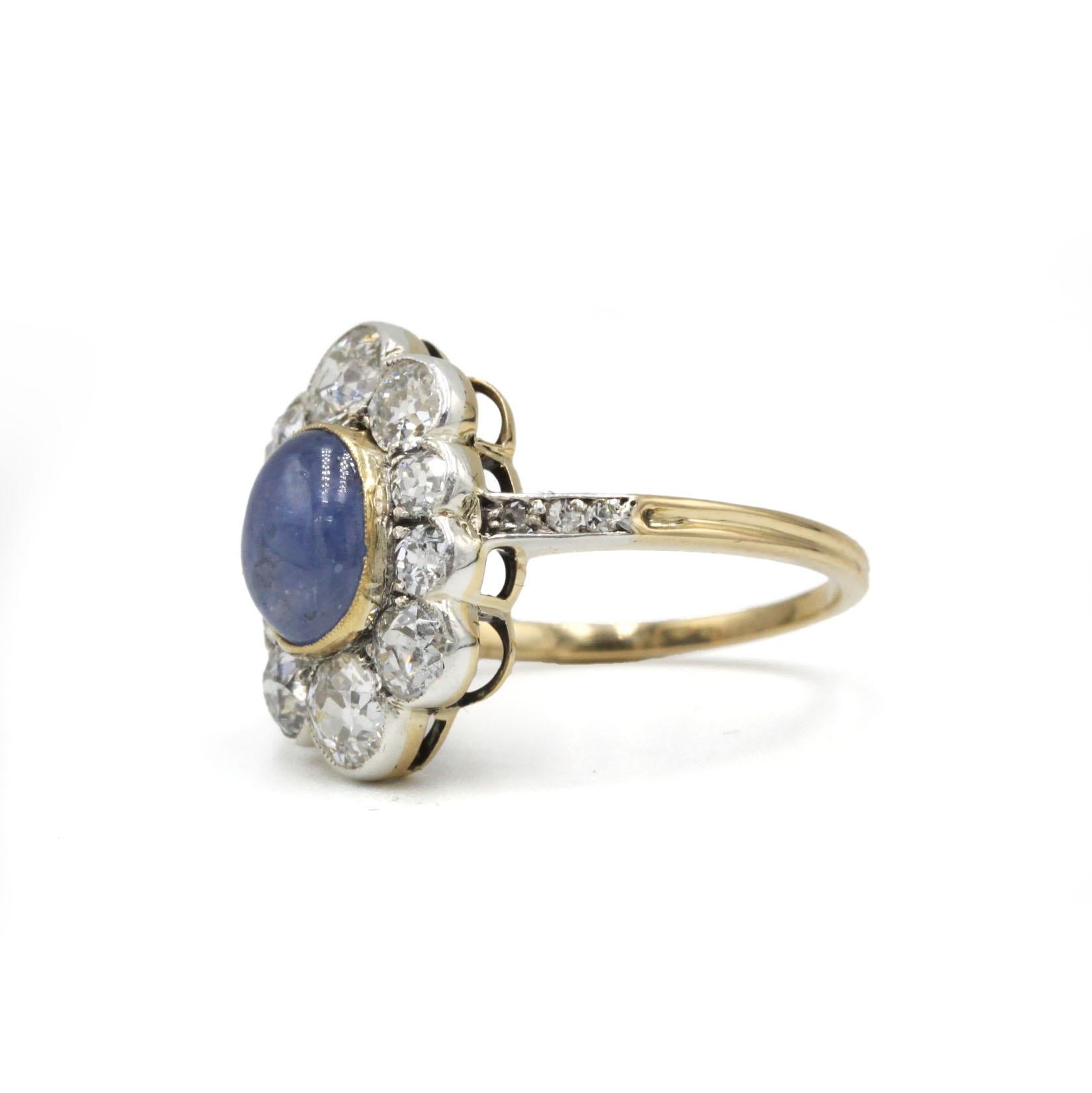 Antique French 18K Gold Saphir und Altschliff Diamant Cluster Ring (Art déco) im Angebot