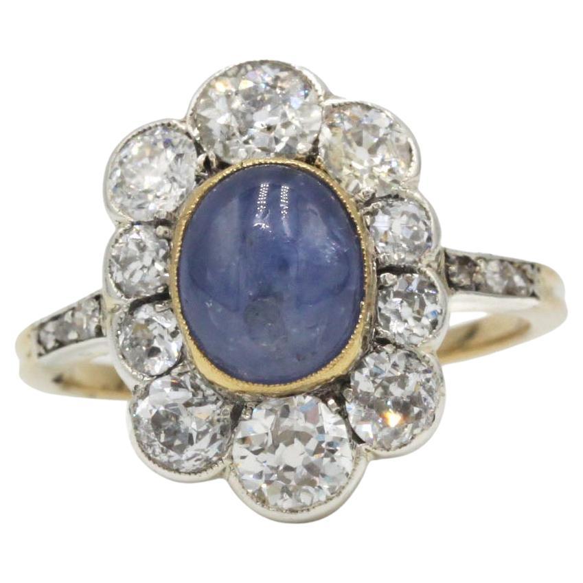 Antique French 18K Gold Sapphire and Old-Cut Diamond Cluster Ring