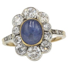 Antique French 18K Gold Sapphire and Old-Cut Diamond Cluster Ring