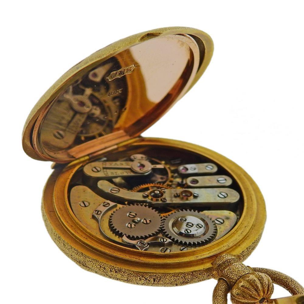 Antique French 18 Karat Gold Semi Hunter Pocket Watch Agate Fob For Sale 1