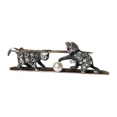 Antique French 18K Gold Silver Diamond Ruby Pearl Cat Brooch C1890