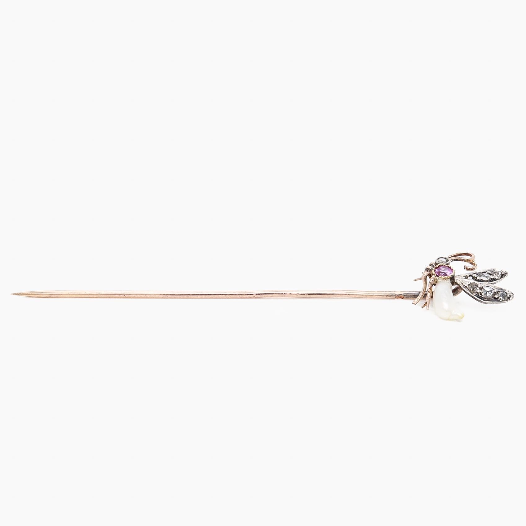 Antike französische 18 Karat Gold, Silber, Diamant, Saphir & Perlen Insect/Bee Stickpin im Angebot 4