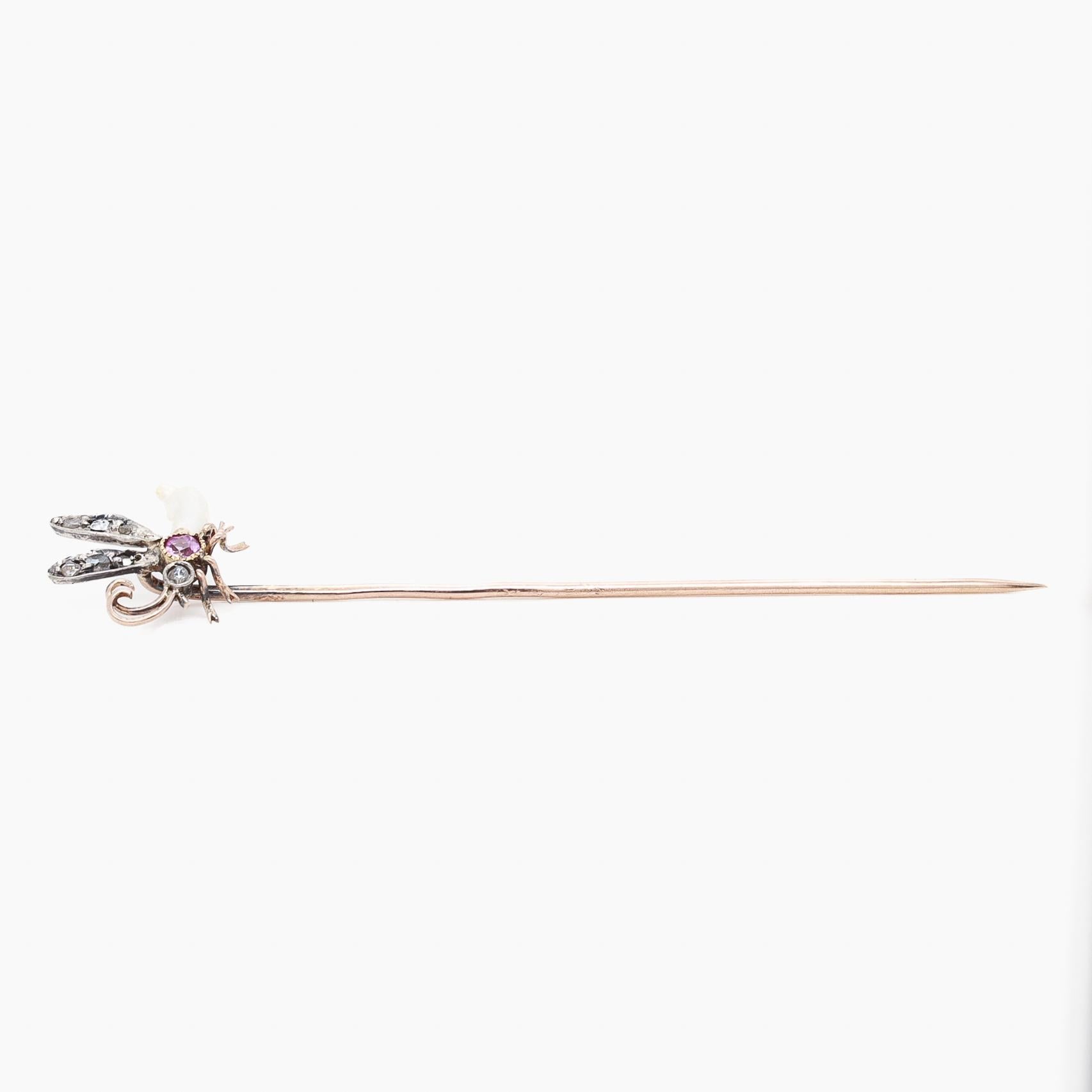 Antike französische 18 Karat Gold, Silber, Diamant, Saphir & Perlen Insect/Bee Stickpin im Angebot 5