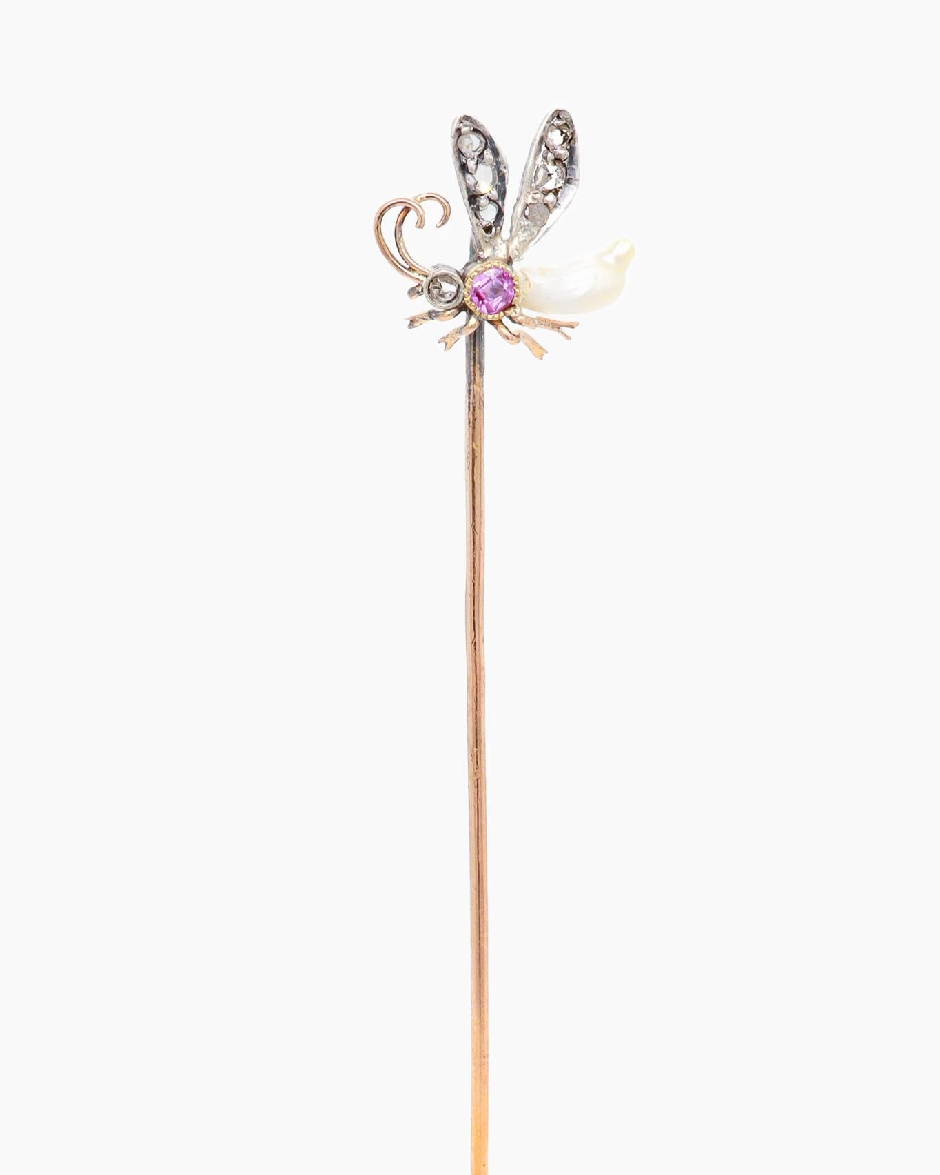 Antike französische 18 Karat Gold, Silber, Diamant, Saphir & Perlen Insect/Bee Stickpin (Rundschliff) im Angebot