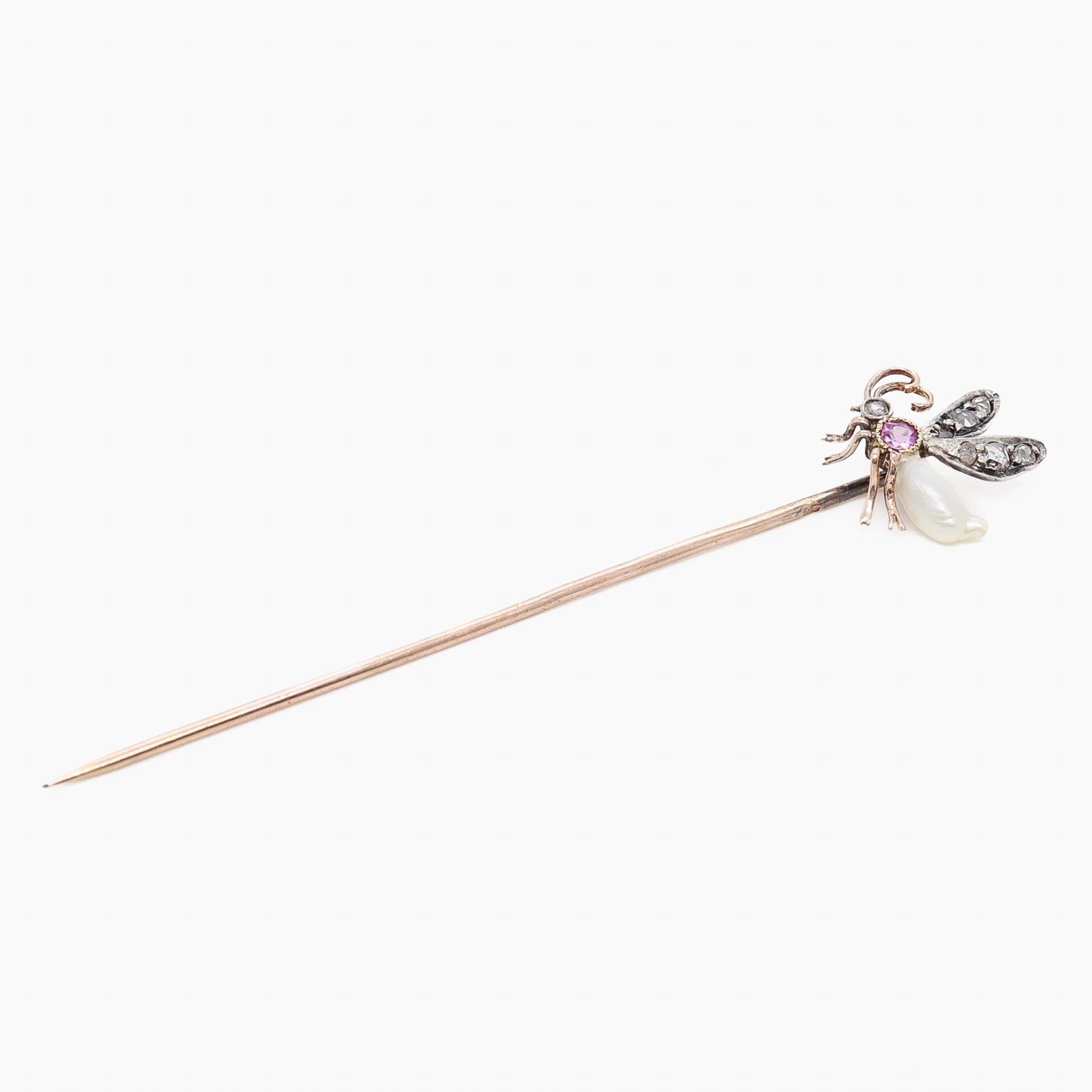 Antike französische 18 Karat Gold, Silber, Diamant, Saphir & Perlen Insect/Bee Stickpin im Zustand „Gut“ im Angebot in Philadelphia, PA