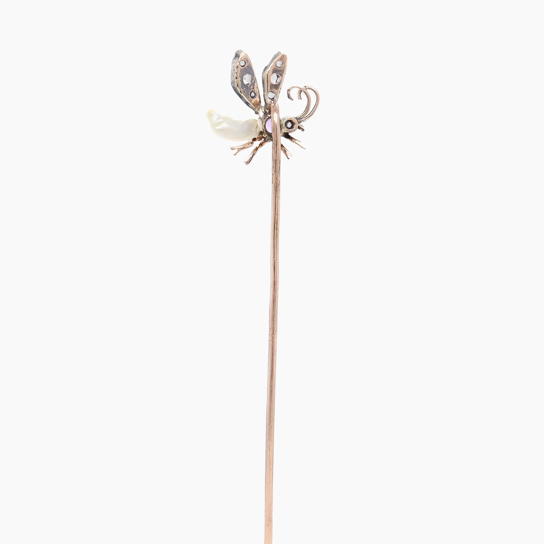 Antike französische 18 Karat Gold, Silber, Diamant, Saphir & Perlen Insect/Bee Stickpin im Angebot 2