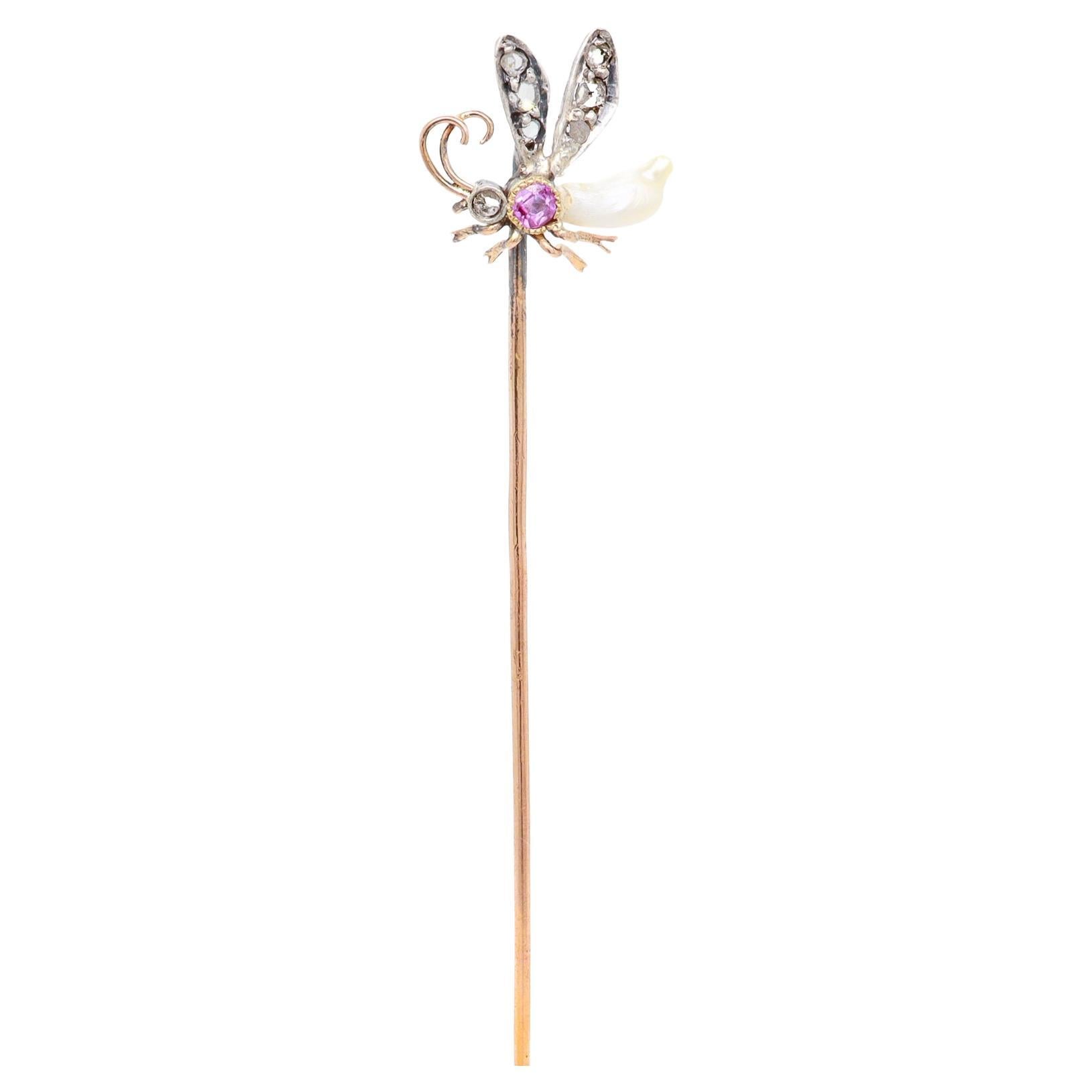 Antike französische 18 Karat Gold, Silber, Diamant, Saphir & Perlen Insect/Bee Stickpin