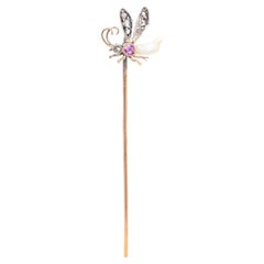Antique French 18k Gold, Silver, Diamond, Sapphire & Pearl Insect/Bee Stickpin