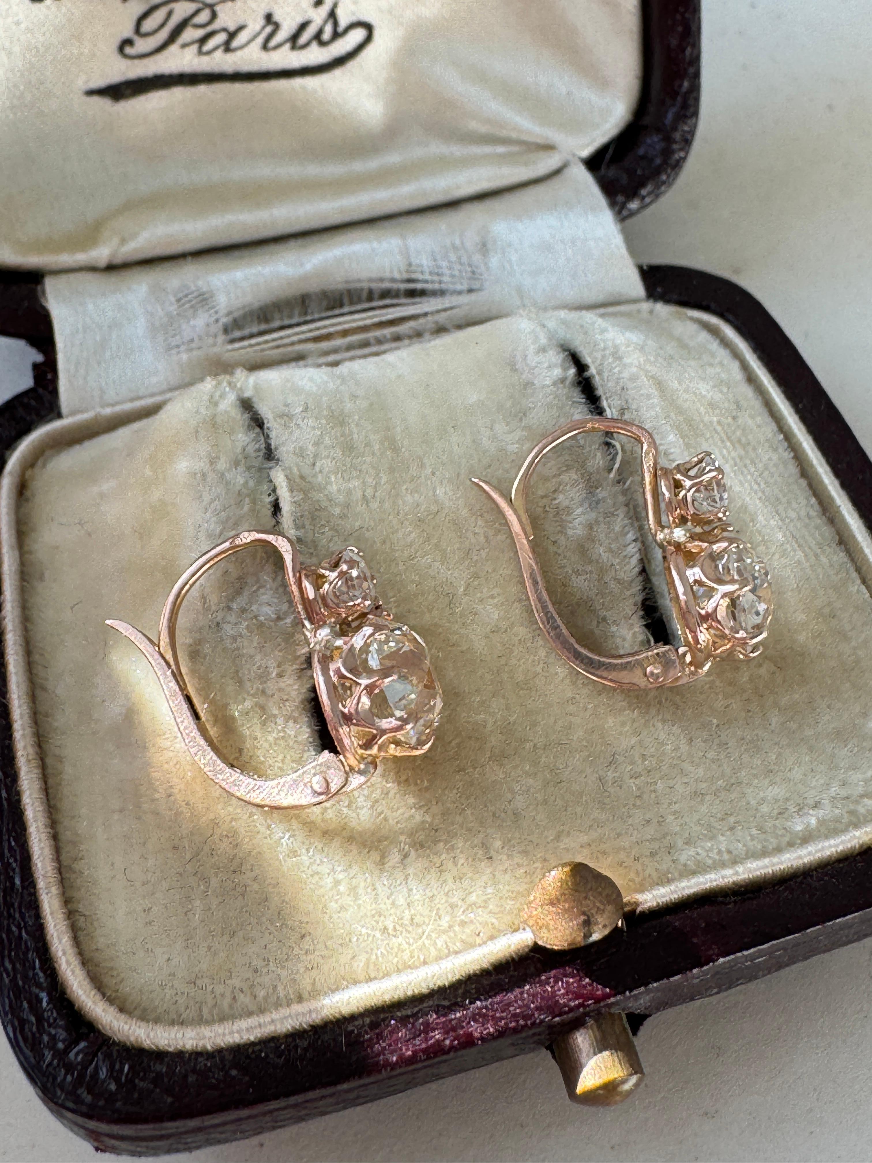 Antique French 18K Old Mine Cut Diamond Dormeuses Earrings - GIA In Good Condition In Hummelstown, PA