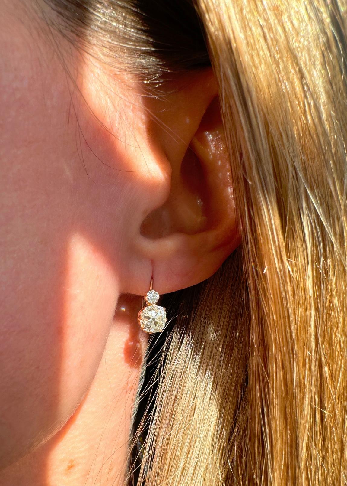 Women's Antique French 18K Old Mine Cut Diamond Dormeuses Earrings - GIA