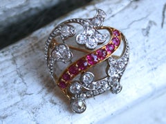 Antique French 18 Karat/ Platinum Diamond and Ruby Heart Pin/ Brooch/ Pendant