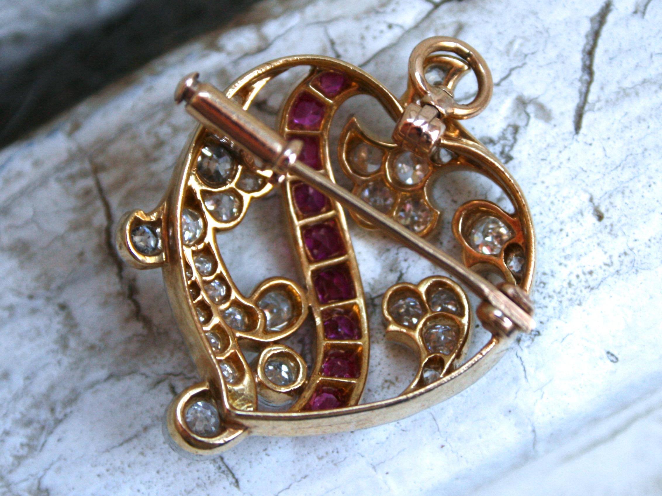 Belle Époque Antique French 18 Karat/ Platinum Diamond and Ruby Heart Pin/ Brooch/ Pendant