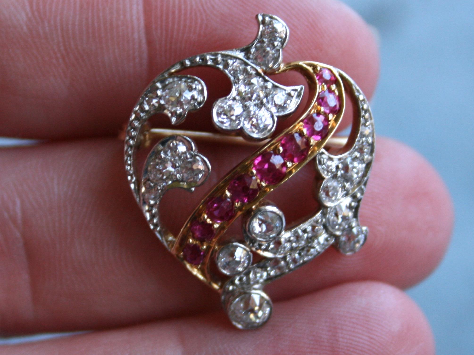 Women's or Men's Antique French 18 Karat/ Platinum Diamond and Ruby Heart Pin/ Brooch/ Pendant