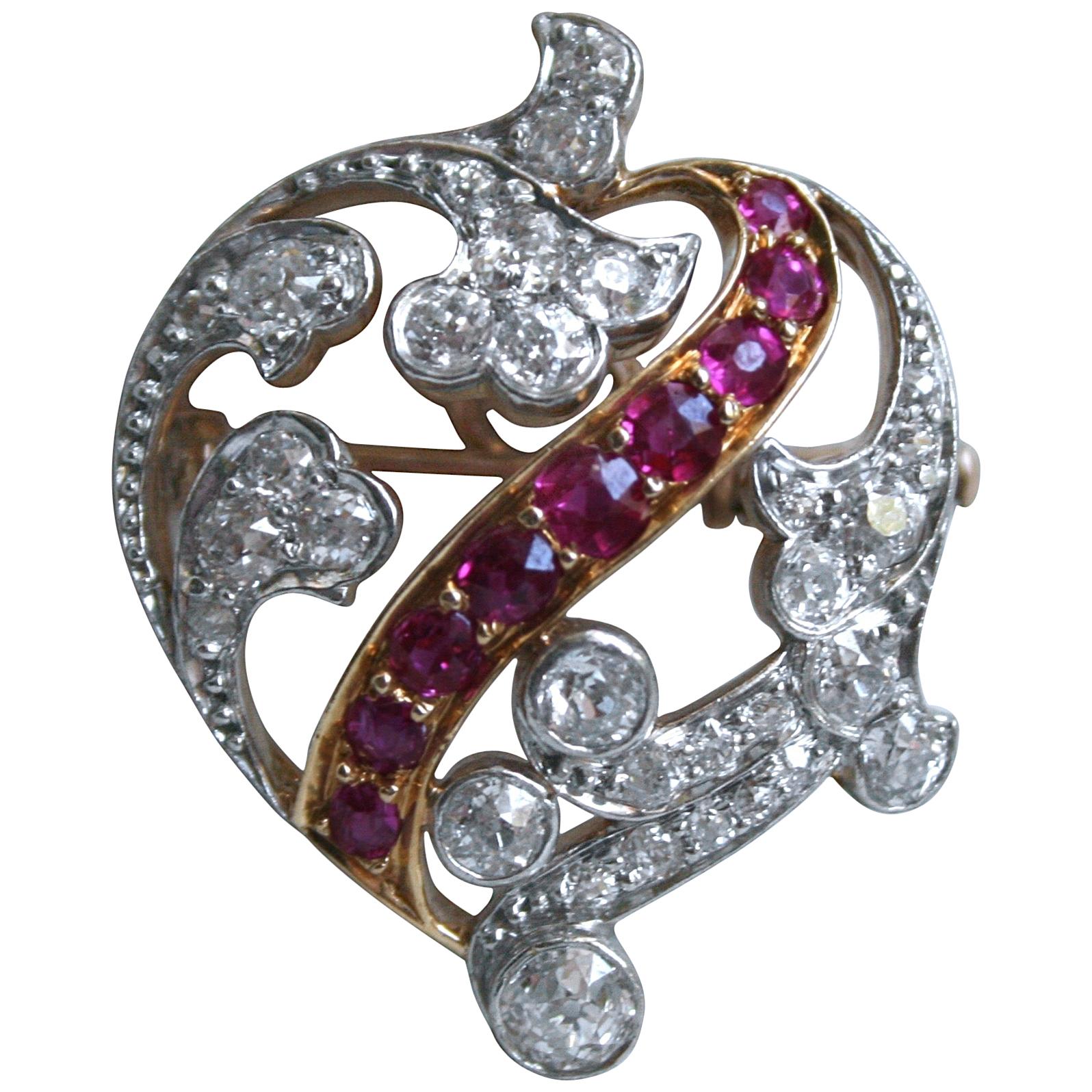 Antique French 18 Karat/ Platinum Diamond and Ruby Heart Pin/ Brooch/ Pendant