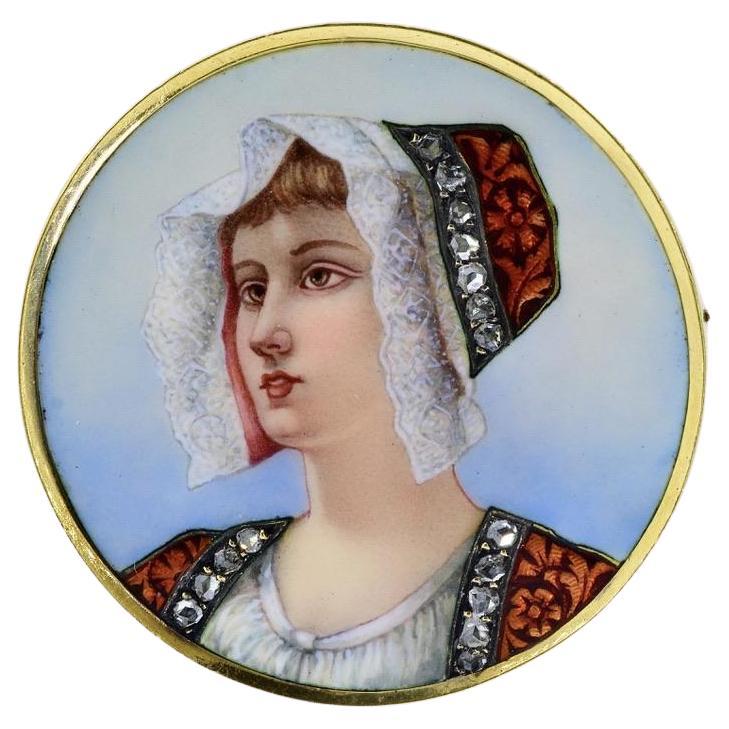 Antique French 18K, Ritratto e smalto guilloche e spilla di diamanti rosa c. 1880.