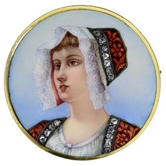 Antique French 18K, Portrait
Guilloche Enamel
Rose diamond Brooch c. 1880.