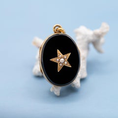 Antique French 18k Solid Gold Onyx Mourning Locket Pendant with pearl star