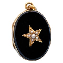 Antique French 18k Solid Gold Onyx Mourning Locket Pendant with pearl star
