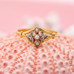 Antique French Anello di perle in oro giallo massiccio 18k, Art Nouveau Floreale Passato Presente