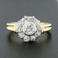 Antique French 18k TT Gold 1.1ct European Diamond Flower Cluster Engagement Ring