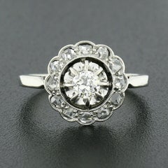 Antique French 18K White Gold .63ct European Diamond Petite Cluster Platter Ring