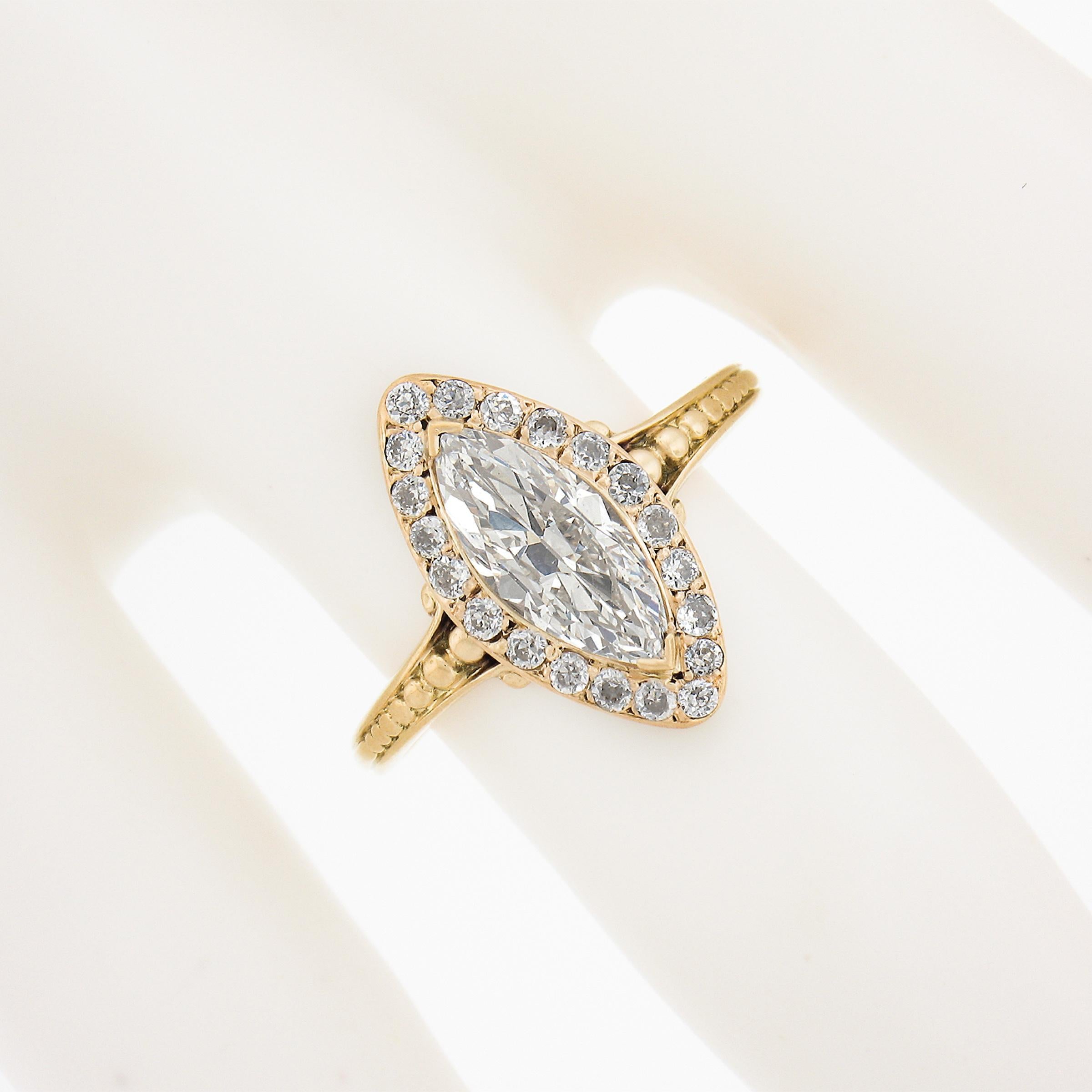 Antique French 18k Yellow Gold 1.43ctw Marquise Diamond Halo low Engagement Ring In Excellent Condition For Sale In Montclair, NJ